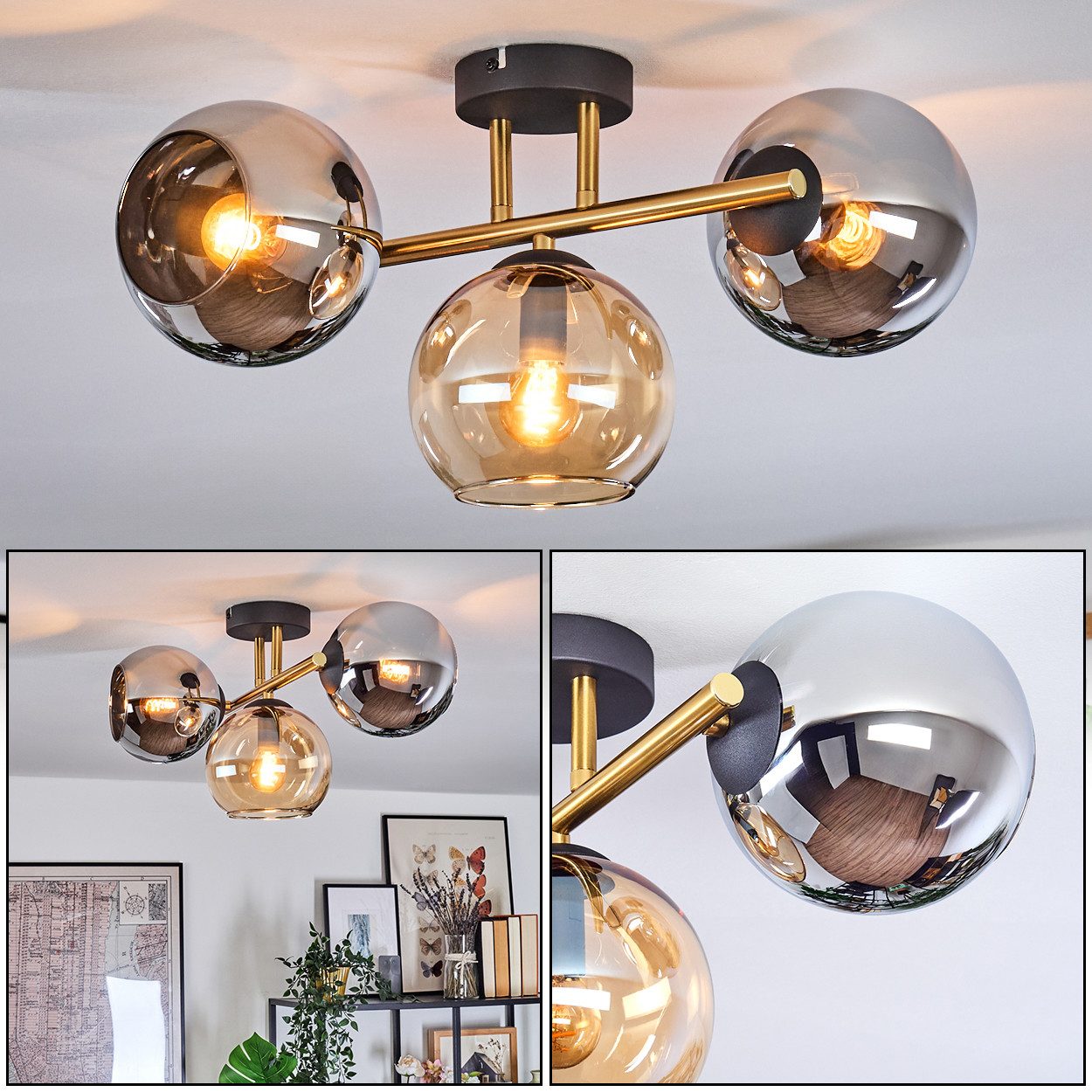 Stehlampe Deckenlampe aus Metall/Glas in Schwarz/Gold/Chrom/Rauch/Bernstein