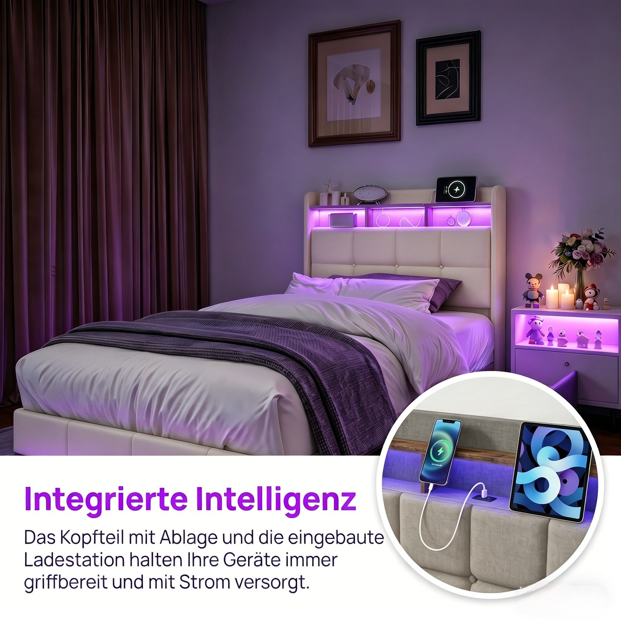 PXloue Polsterbett LED Doppelbett Stauraumbett, mit USB-Laden und Stauraum am Kopfteil,Leinen,90x200 cm
