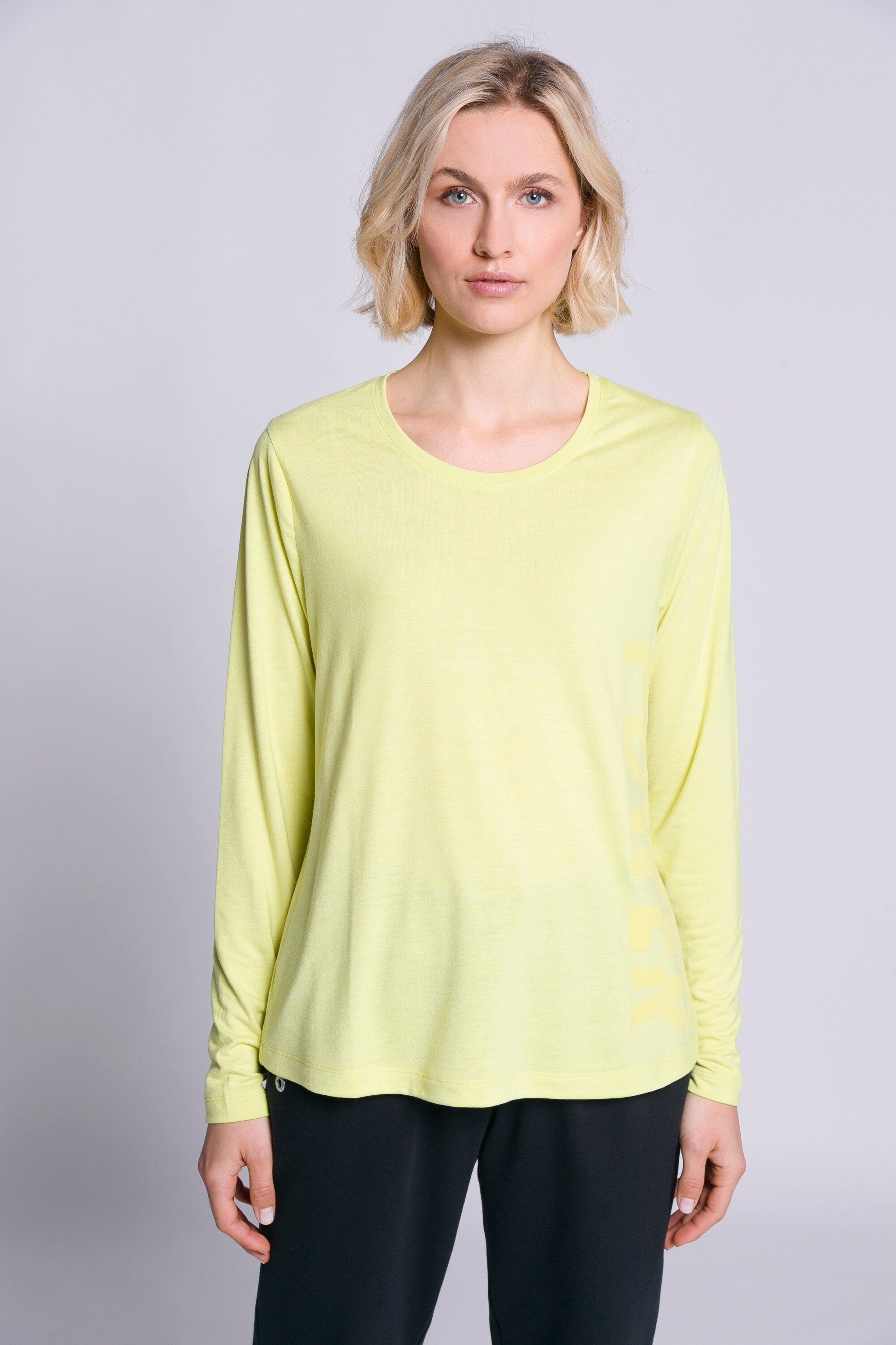 Gina Laura Rundhalsshirt T-Shirt Wording-Streifen Rundhals Langarm gelbgrün