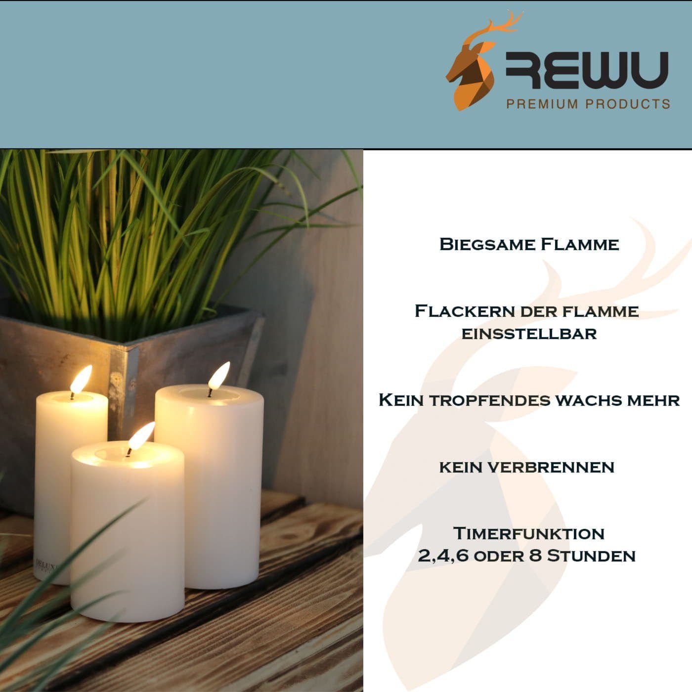Deluxe Homeart LED-Kerze Mit Warmweißes (Einteilig), Timerfunktion Wachsspiegel 3D Echt beige und Licht wirkende flackernd, Flamme
