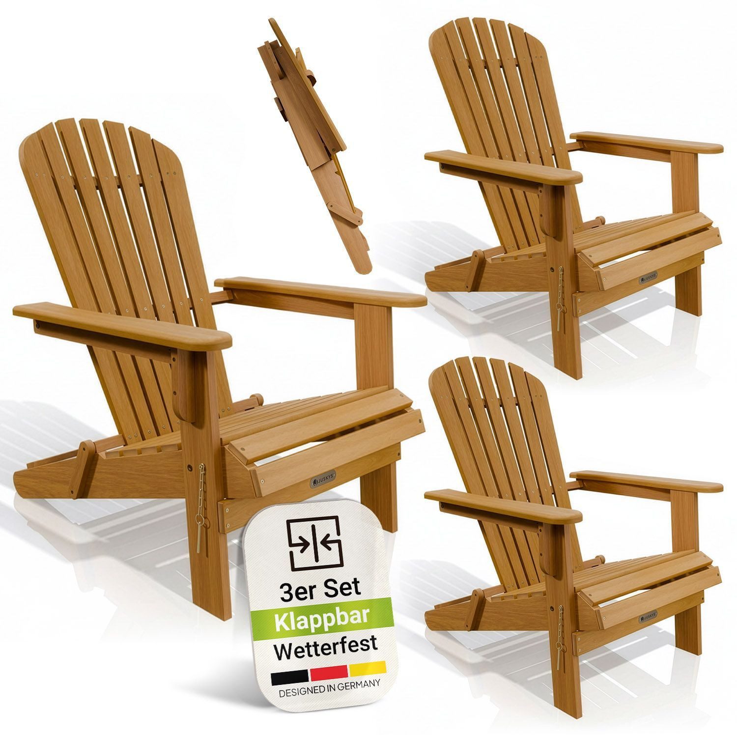 Juskys Gartenstuhl Korfu (3 St), Liegestuhl aus Akazienholz, klappbar, 3er Set, robust & langlebig