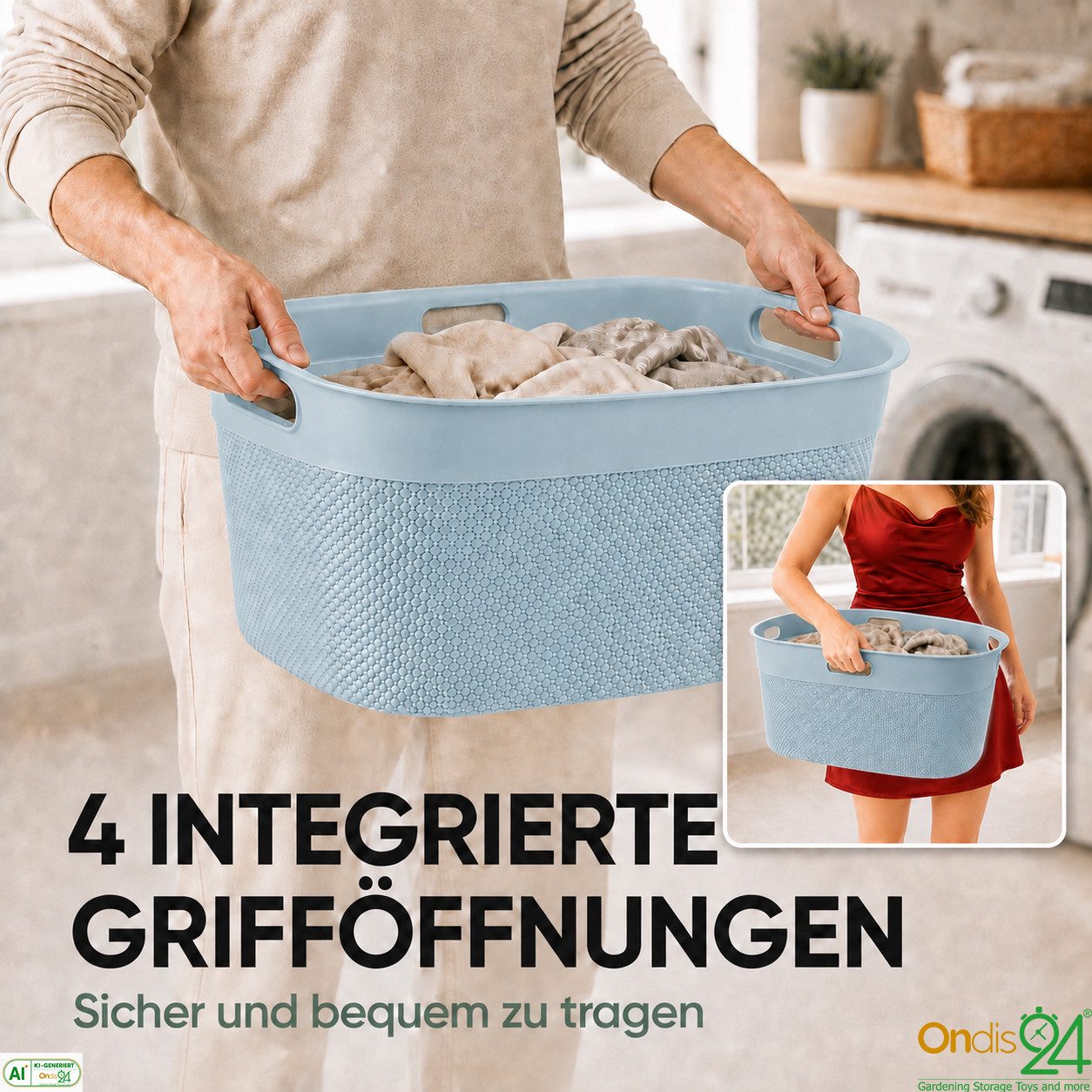 ONDIS24 Wäschekorb Tragekorb Filo 45 L, hochwertiger, geruchsneutraler Kunststoff, 45 L, belüftet und nestbar – Bild 4 von 5