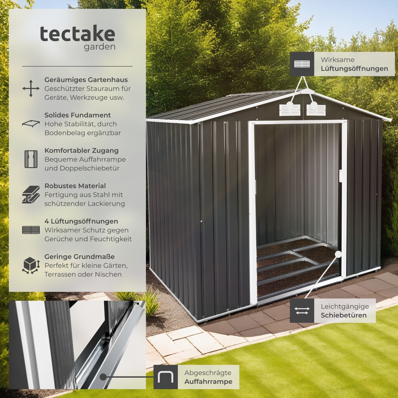 tectake Gartenhaus Geräteschuppen mit Satteldach, BxT: 130,00x214,00 cm, aus Stahl