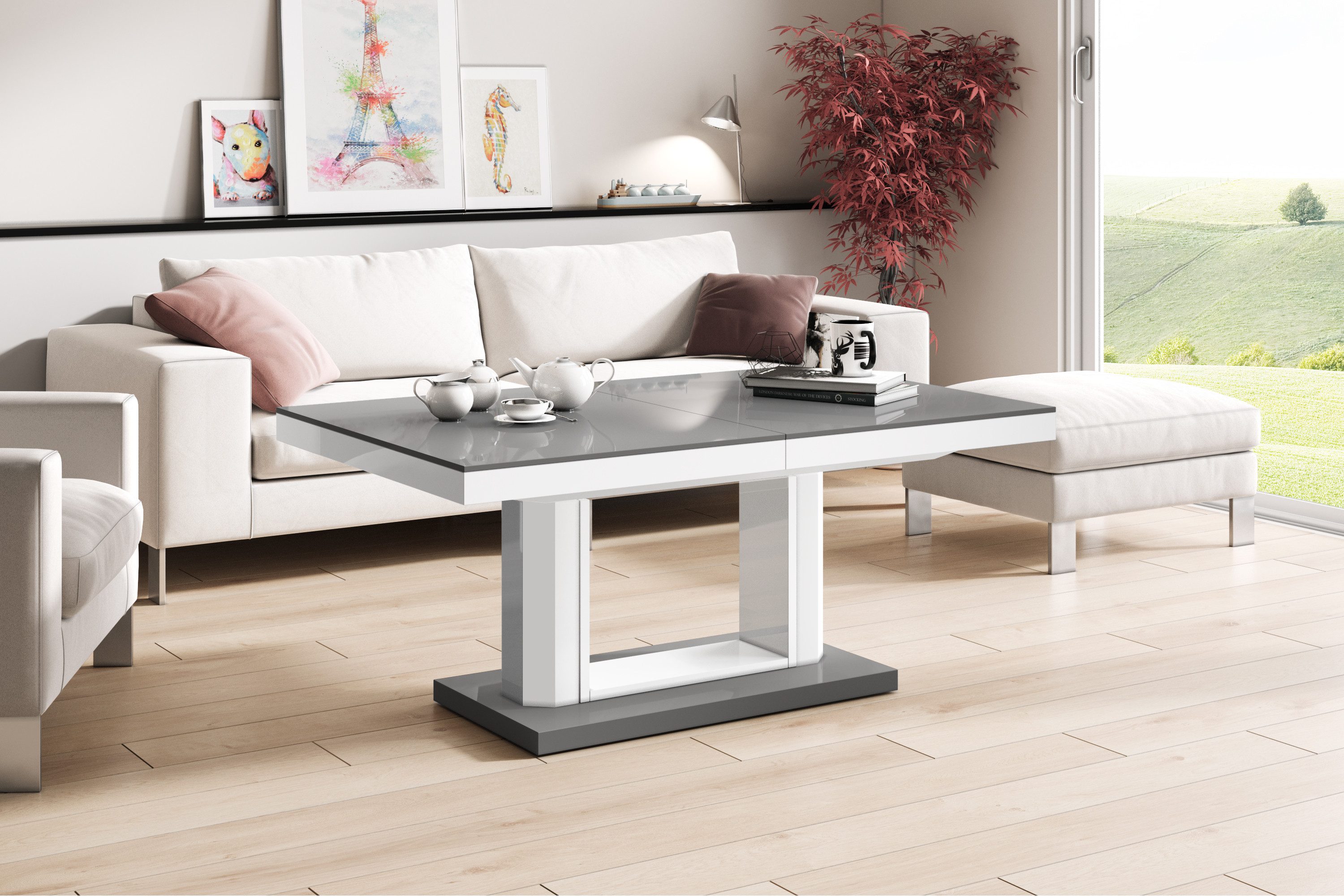 designimpex Couchtisch H-120 Grau / Weiß Hochglanz stufenlos höhenverstellbar ausziehbar