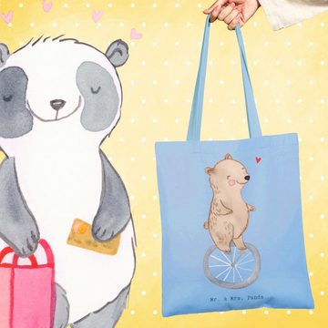 Mr. & Mrs. Panda Tragetasche Bär Einrad fahren - Sky Blue - Geschenk, Schenken, Jutebeutel, Einkau (1-tlg), Cross Stitching Griffe