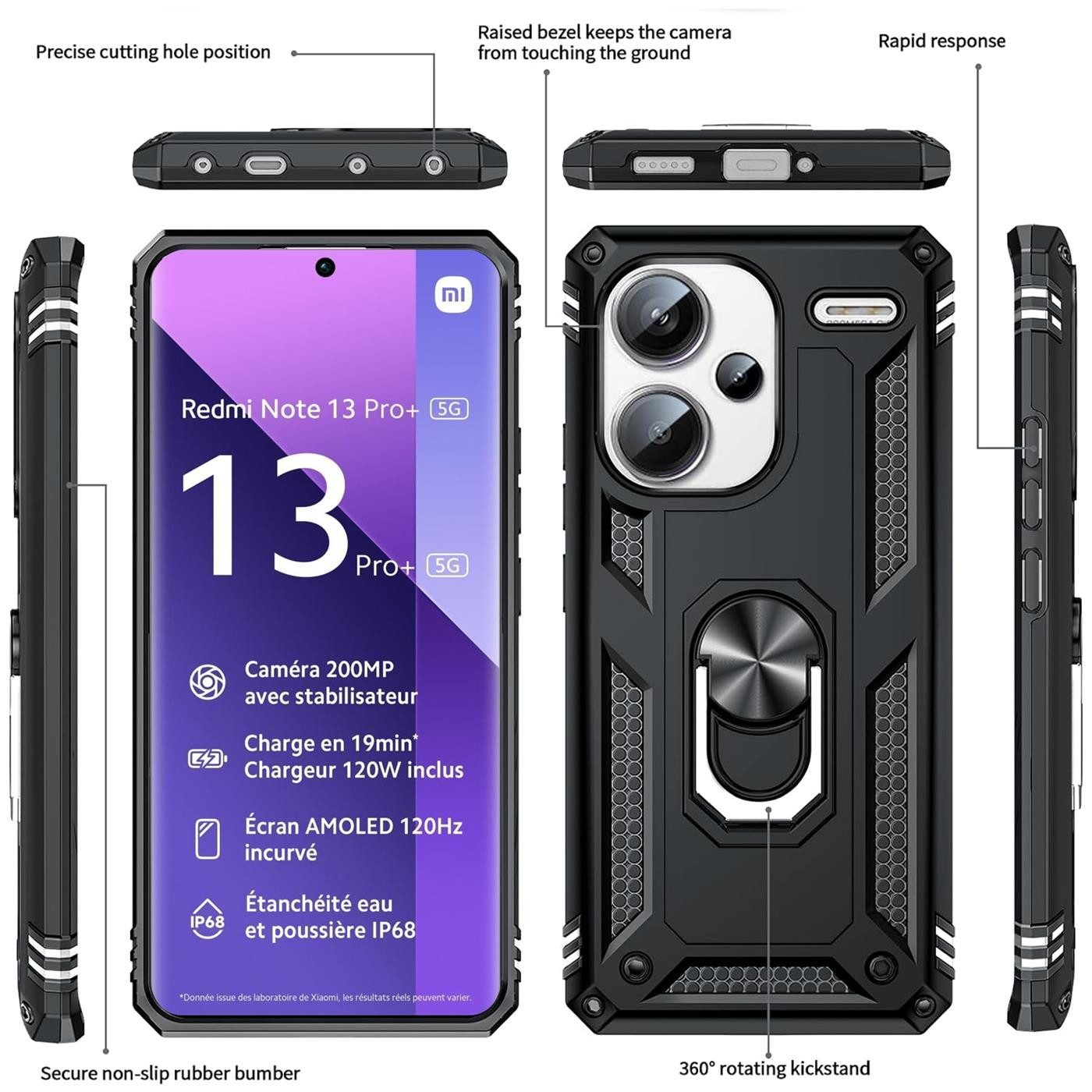 CoolGadget Handyhülle Armor Shield Case für Xiaomi Redmi Note 13 Pro+ 5G 6,67 Zoll, Outdoor Cover Magnet Ringhalter Handy Hülle für Redmi Note 13 Pro+ 5G