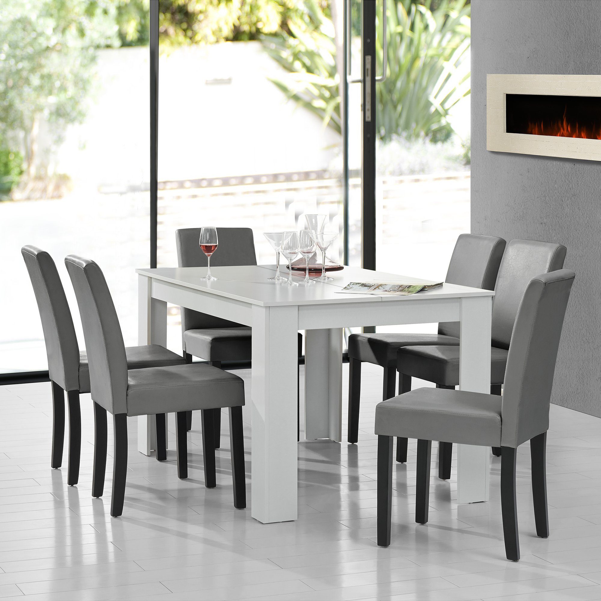 en.casa Essgruppe, (7-tlg., Esstisch mit 6 Stühlen), »Forssa« 140x90cm Küchentisch mit 6x Polsterstühlen weiß - grau