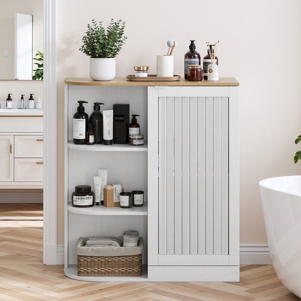 BBWL Eckschrank Eckschrank Badezimmer mit Gittertüren & verstellbaren Regalen MDF Weiß Eiche, platzsparender Lagerschrank