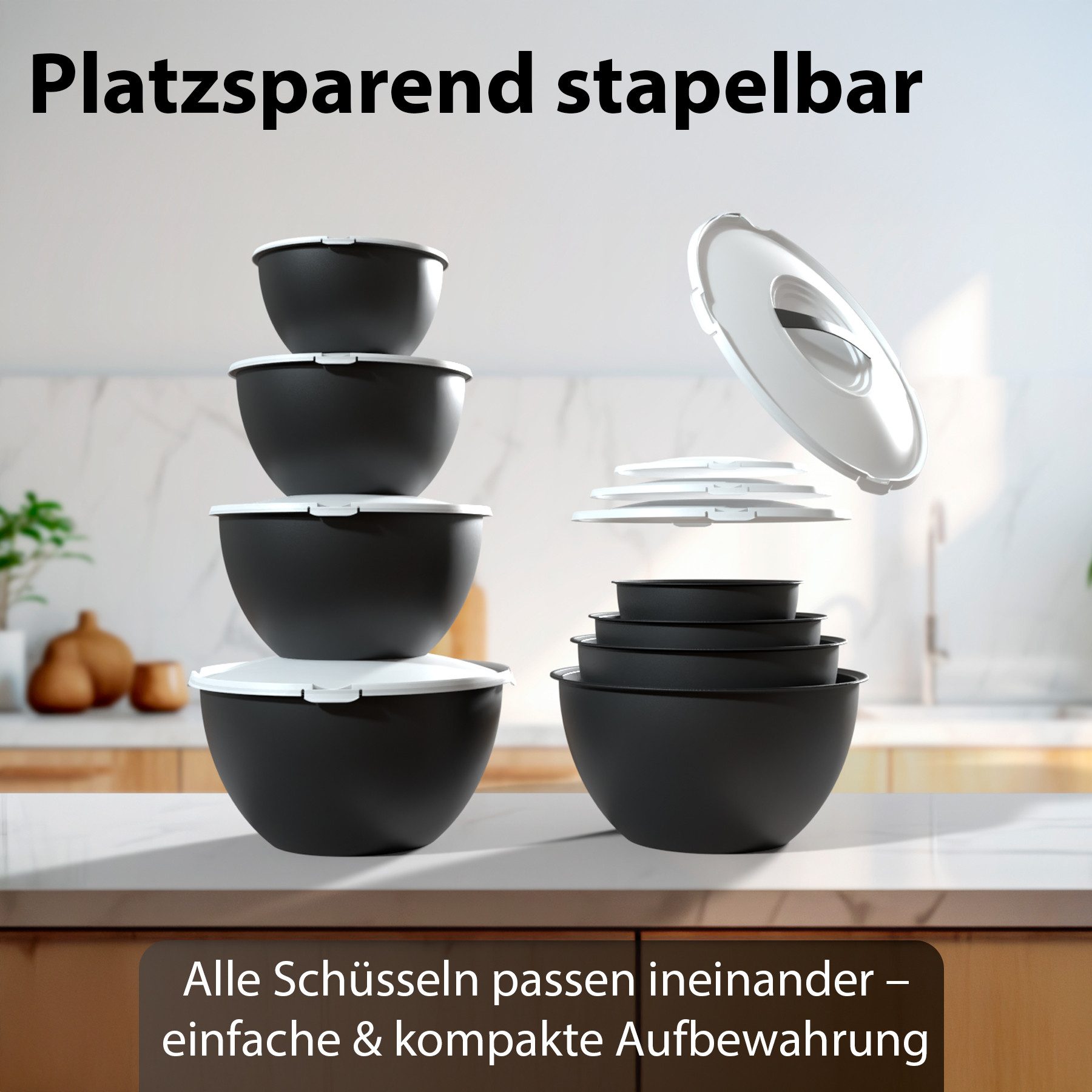 BigDean Salatschüssel Set groß mit Deckel, 4 Größen 0,7-6 L in Anthrazit Schwarz, Kunststoff, (Set, 1-tlg), BPA-Frei, Spülmaschinenfest, Pflegeleicht, Alltagstauglich