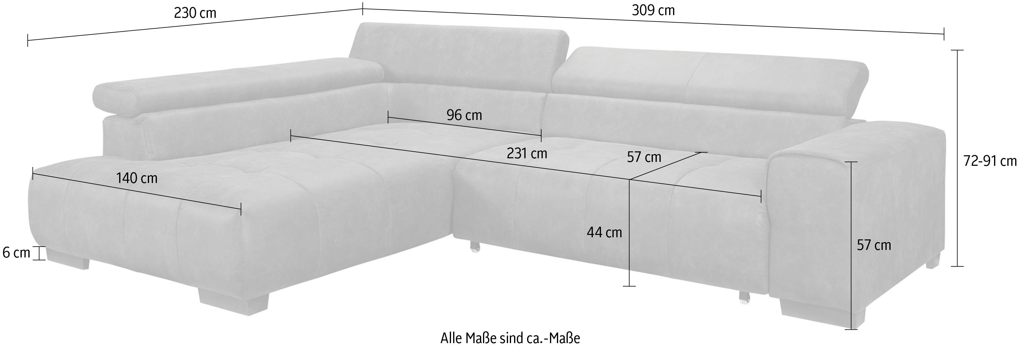 exxpo - sofa fashion Bettfunktion und 3 Kissen wahlweise mit Ecksofa, Kopfstützen, mit verstellbaren