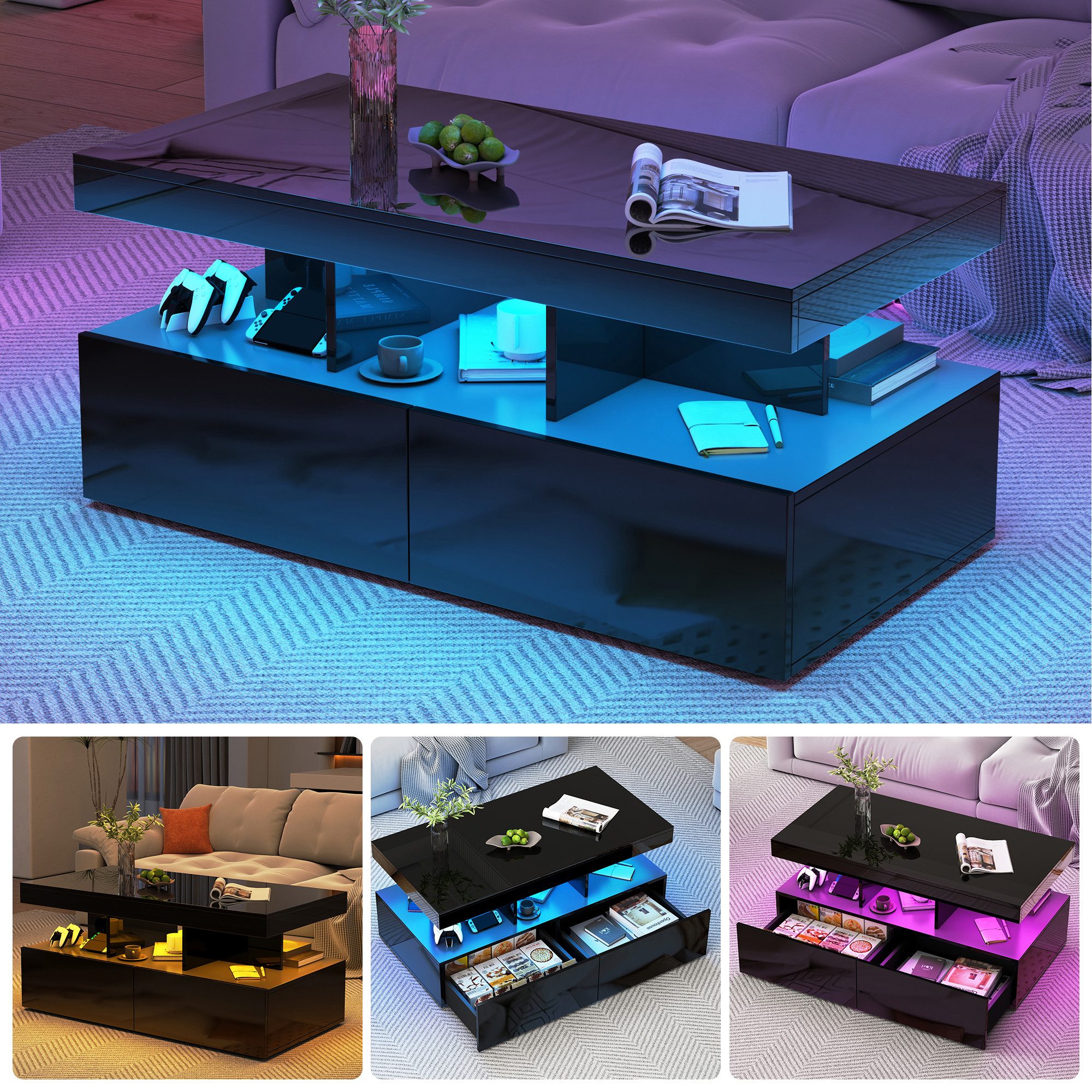 PXloue Couchtisch LED-Couchtisch mit Stauraum und günstig online kaufen
