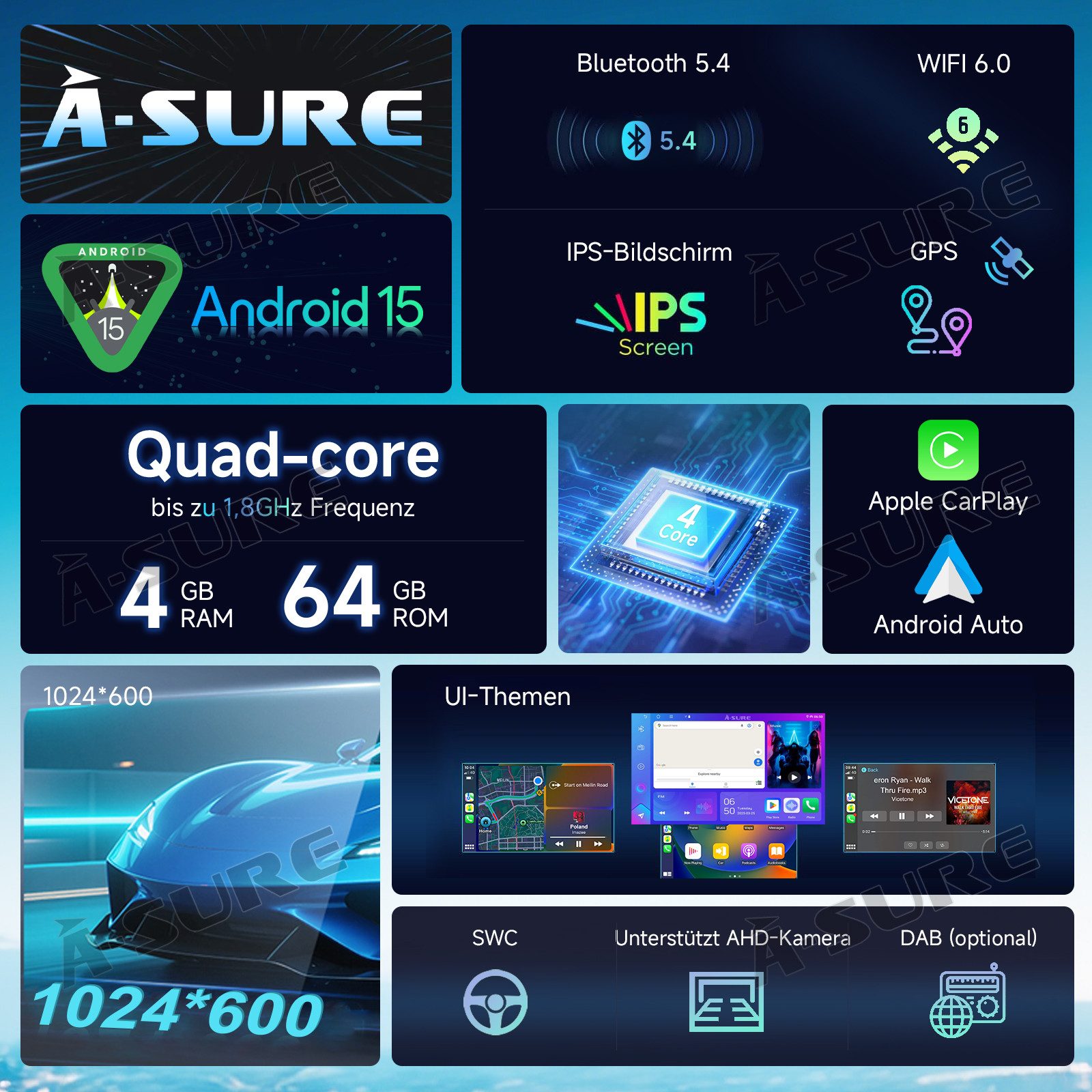 A-Sure 4+64 Android 15 CarPlay für VW GOLF 5 6 Plus Polo Cadddy Touran Passat Autoradio (RDS, DSP, 8Core, Digitalradio (DAB), FM, AM, 4+64G / Bluetooth 5.4 /WiF – Bild 3 von 5