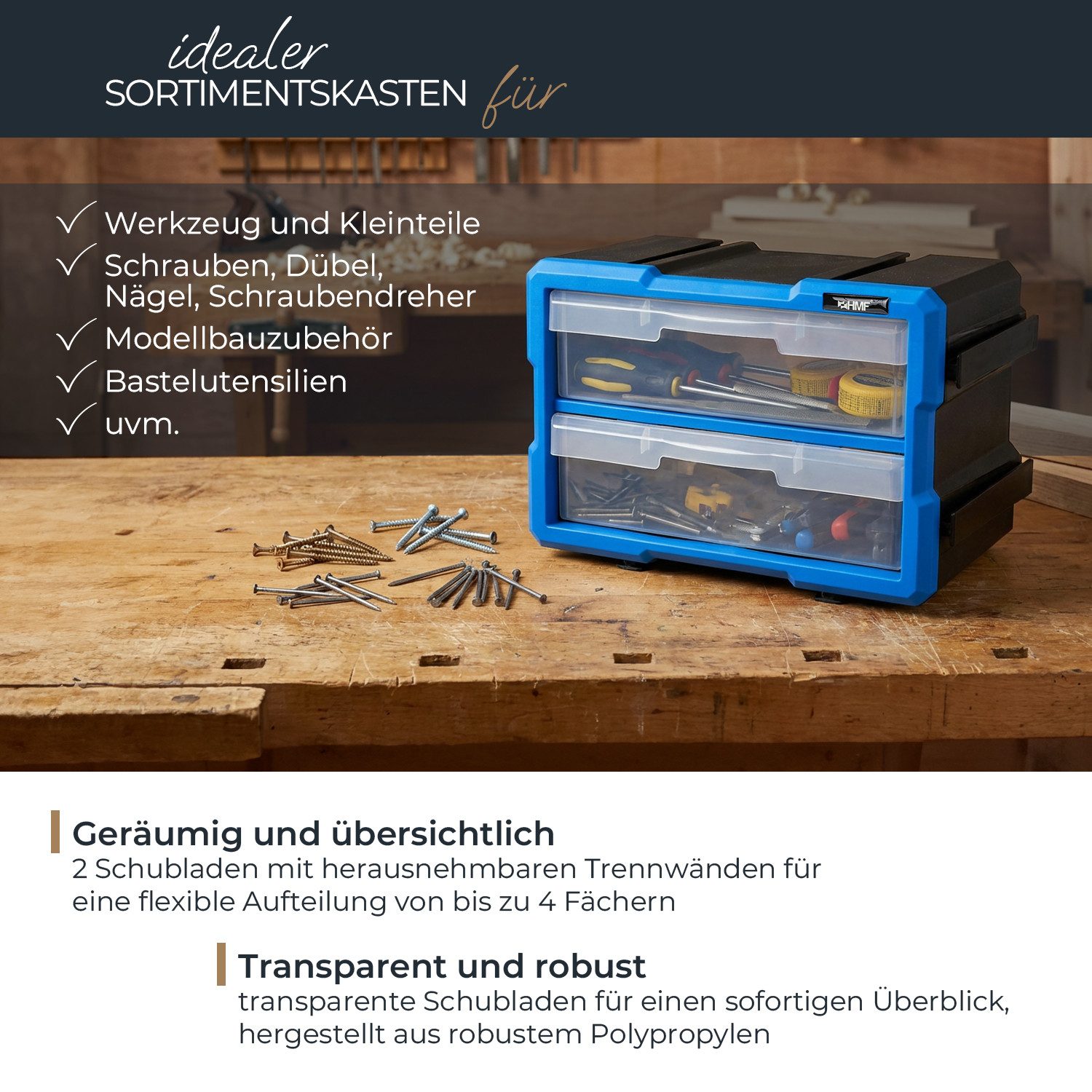 HMF Sortimentskasten Sortierbox für Kleinteile mit 2 Schubladen, Sortimentskasten, für Schrauben und Werkzeug 4 Fächer, 29,5 x 19,5 x 16 cm, Blau-Schwarz