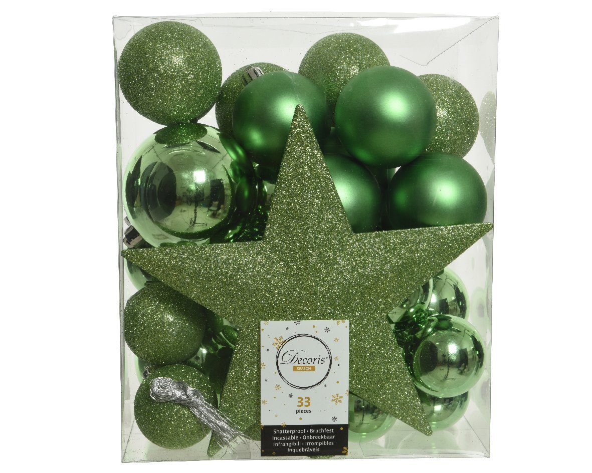 Decoris season decorations Weihnachtsbaumkugel, Weihnachtskugeln Kunststoff mit Christbaumstern 33er Set - Mistelgrün