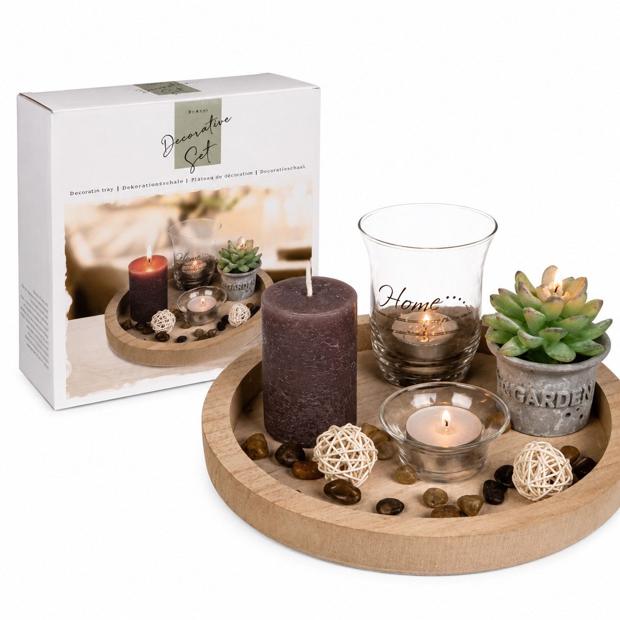 Weltbild Dekofigur Deko-Set Natura mit Kerzen Holz Tannenzapfen Weihnachtsdeko Tischdeko, Adventsdeko Kerzendeko Naturdeko Winterdeko Dekoset Holzdeko