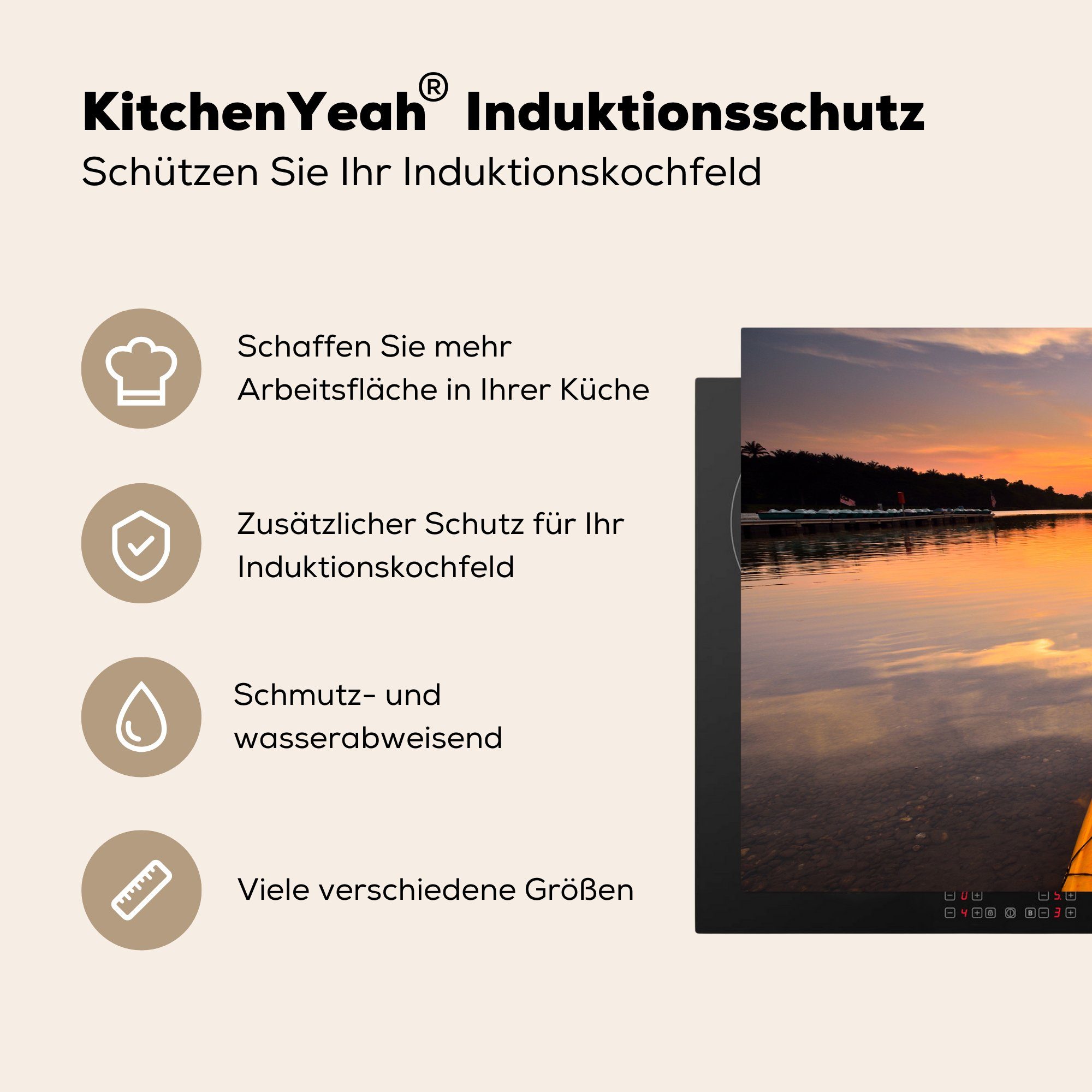 Induktionskochfeld Vinyl, Ceranfeldabdeckung (1 81x52 Wasser küche, für cm, bei Schutz tlg), Kajak die dem Sonnenuntergang, auf MuchoWow Herdblende-/Abdeckplatte