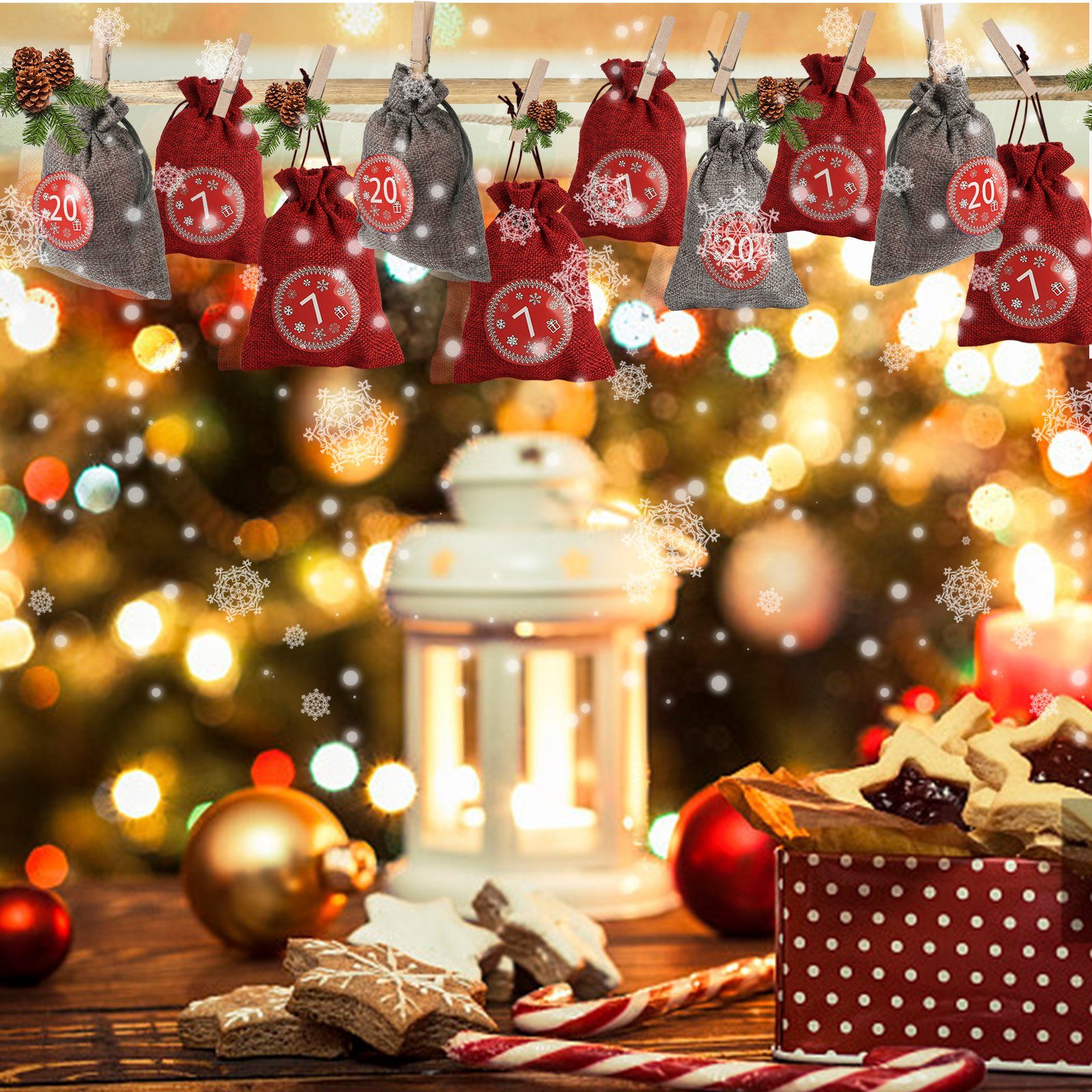 Clanmacy Christbaumschmuck aus angenehmen naturleinen Beutel, ist Tannenbaum Säckchen befüllen und waschbar zum kleine stoff Weihnachtskalender Rot/Grau Jutesäckchen
