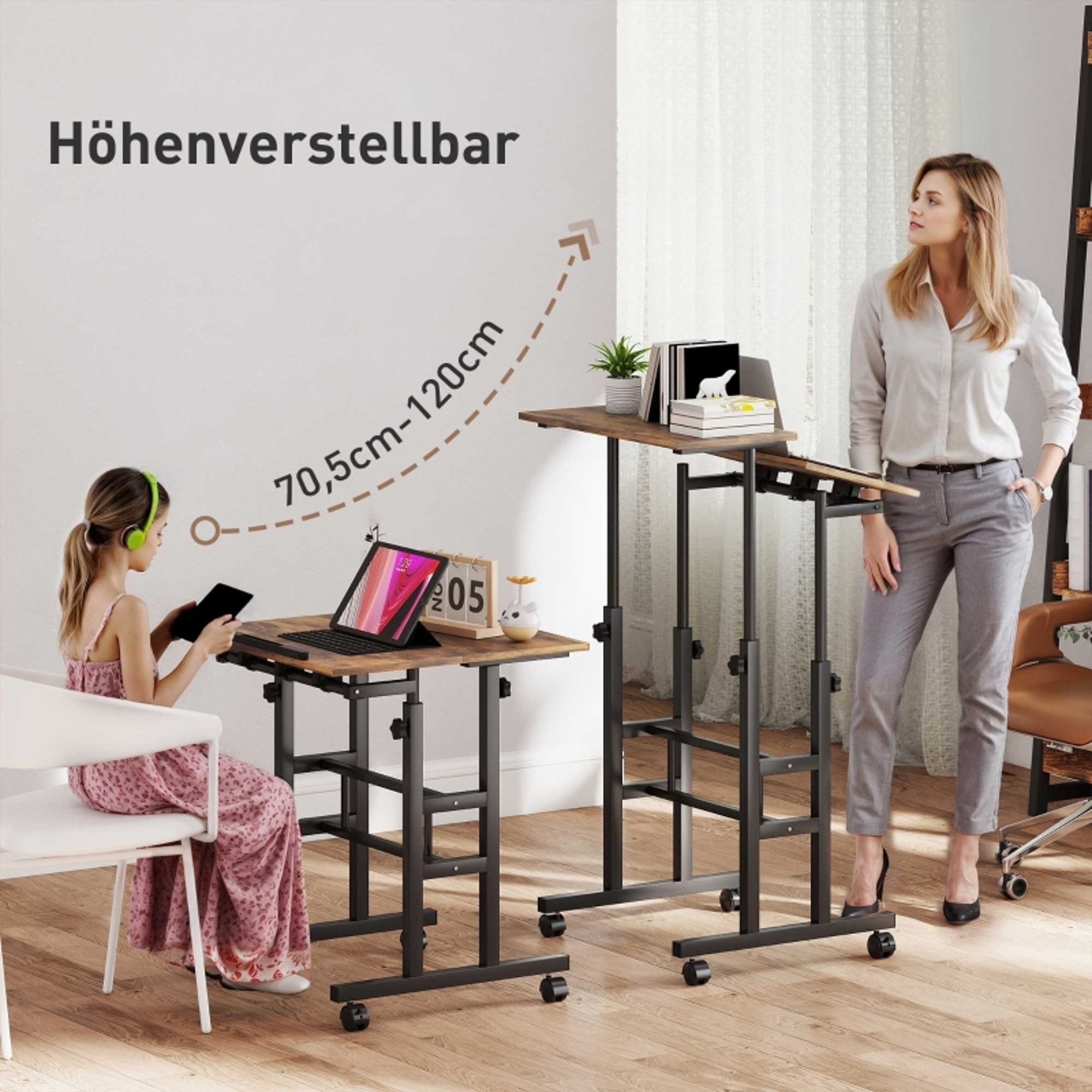 MC Star Schreibtisch chreibtisch Höhenverstellbar Küchentisch mit Regal, Rollen (Computertisch Rustikal Braun 60 x 60 x 70,5-120 cm)