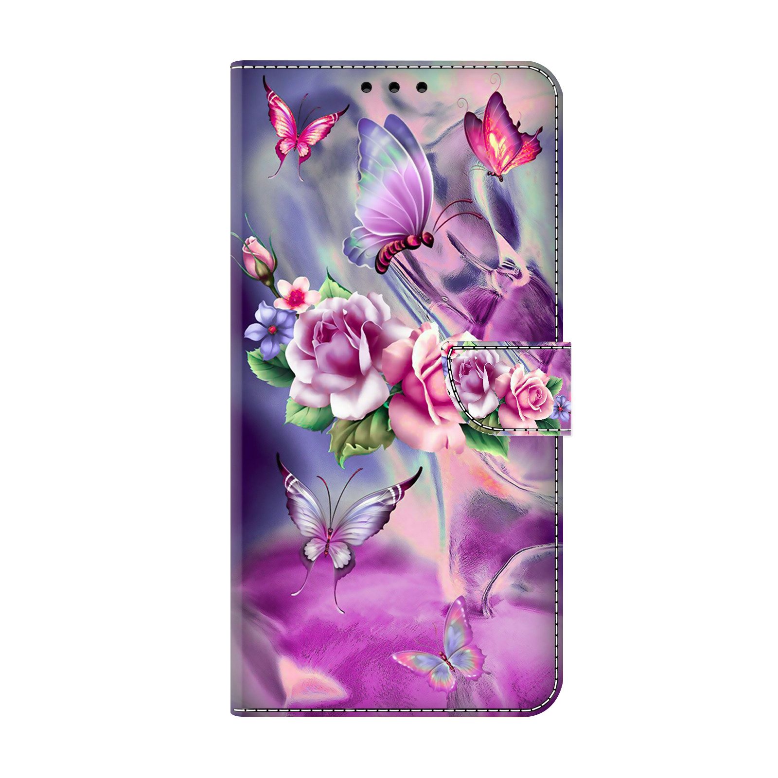 CLM-Tech Handytasche für Samsung Galaxy S26 6,3 Zoll PU-Leder Klapphülle (lila Blumen Schmetterlinge, 1-tlg., Flip Case), Magnetverschluss, Kartenfächer und Standfunktion