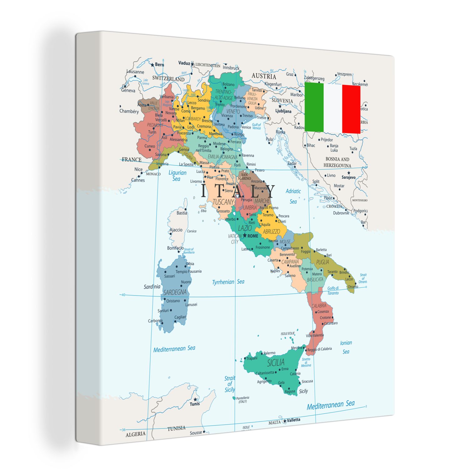 OneMillionCanvasses® Leinwandbild Karte von Italien, Fotodruck (1 St), Wandbild, Deko Schlafzimmer Wohnzimmer Flur 20x20 cm