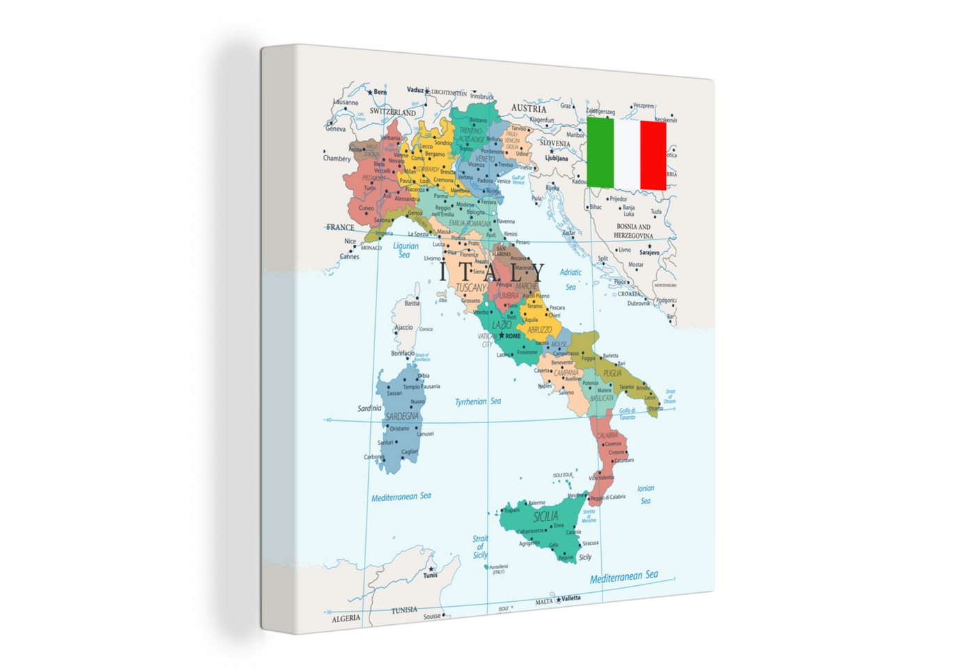OneMillionCanvasses® Leinwandbild Karte von Italien, Fotodruck (1 St), Wandbild, Deko Schlafzimmer Wohnzimmer Flur 20x20 cm