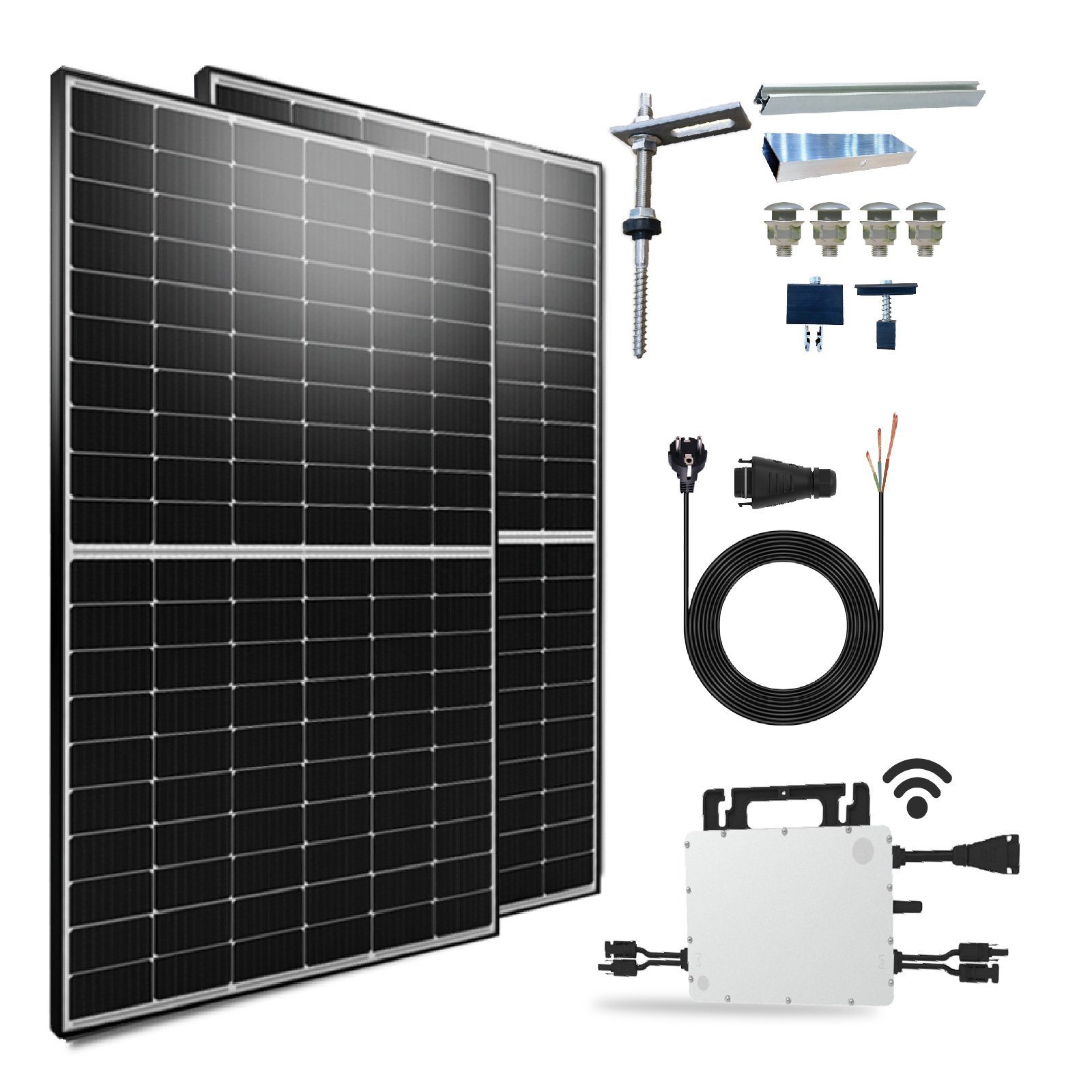 Komplettset etm 10M Hoymiles PV-Montage Schukostecker Solaranlage 500W WIFI Stockschrauben HMS-800-2T inkl. Solarmodule, und 1000W Upgradefähiger SOLAR-HOOK Wechselrichter, Balkonkraftwerk