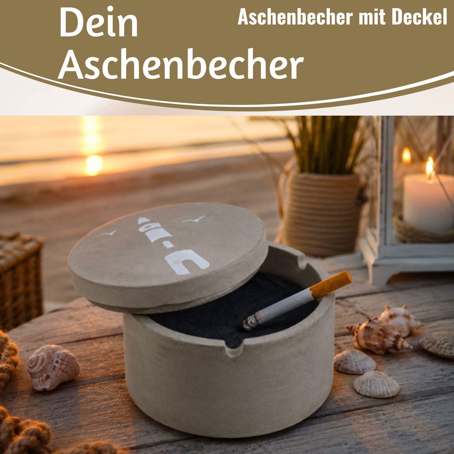 LS-LebenStil Aschenbecher Beton Sturmaschenbecher Motib Leuchtturm 9x7cm Maritim Grau mit Deckel, Windaschenbecher Ashtray Tischaschenbecher Garten Balkon Deko