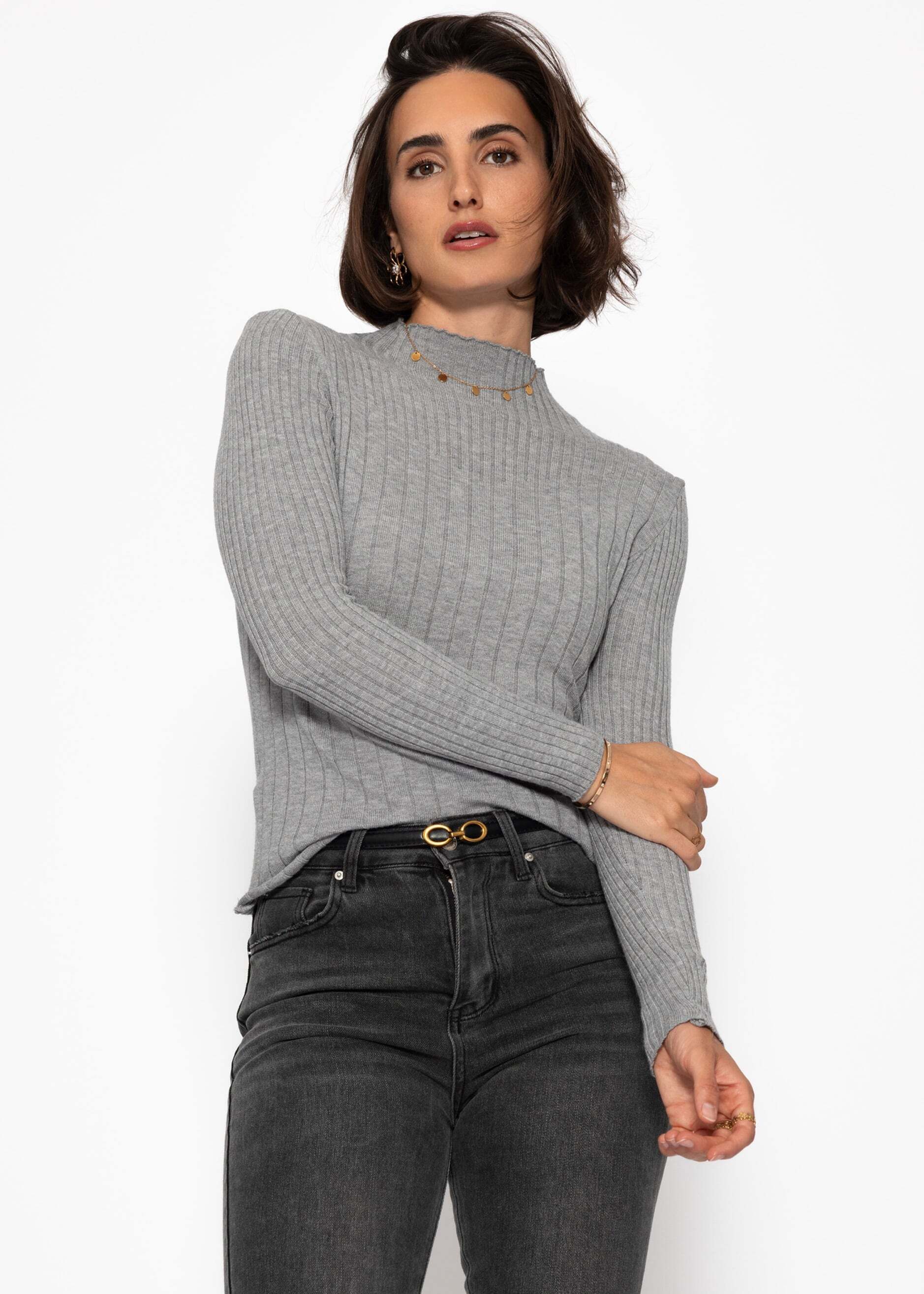 SASSYCLASSY Langarmshirt Rippstrickoberteil mit Stehkragen Damen Figurbetonter Feinstrickpullover mit Viskoseanteil Grau Beige Rosa
