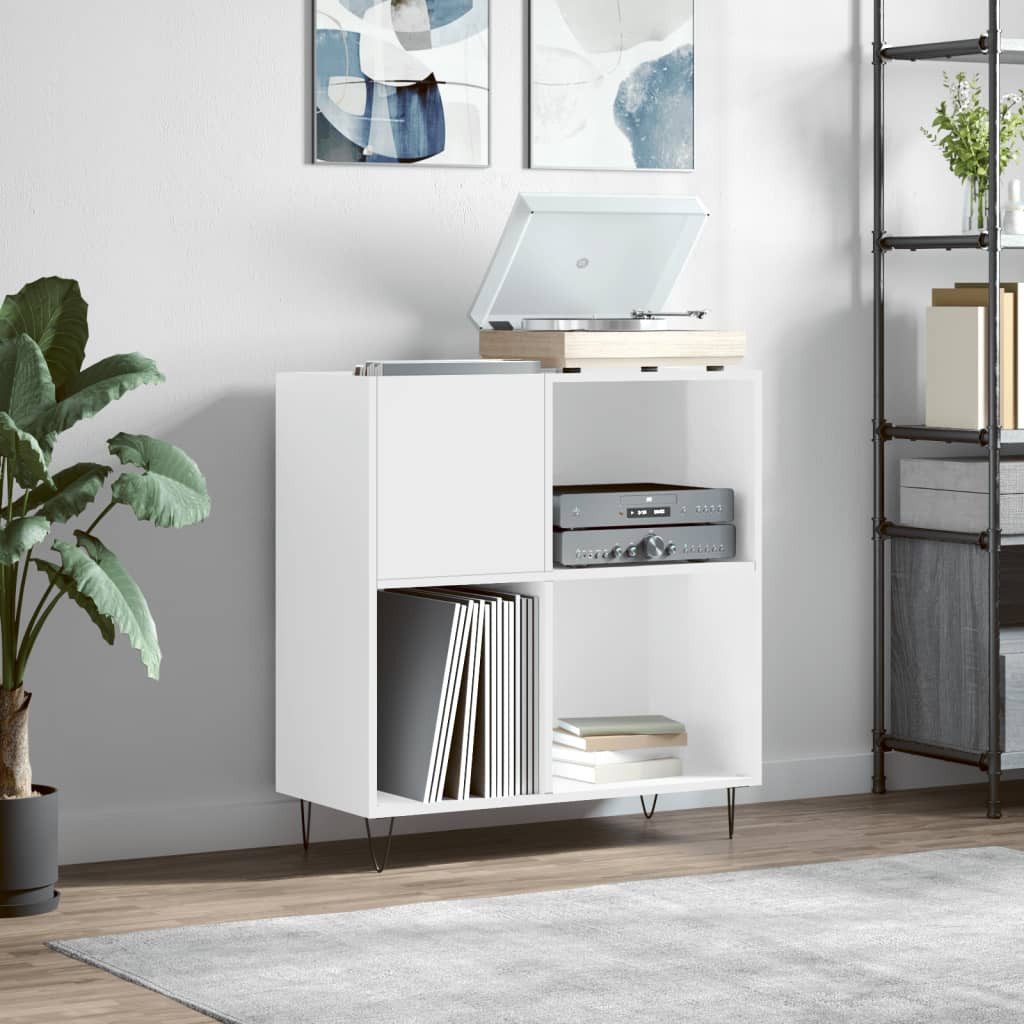 furnicato Media-Regal Plattenschrank 84,5x38x89 cm Hochglanz-Weiß mit Eisenbeinen, 1-tlg., Stabile LP-Regal mit Ablage für Plattenspieler und Wandhalterung
