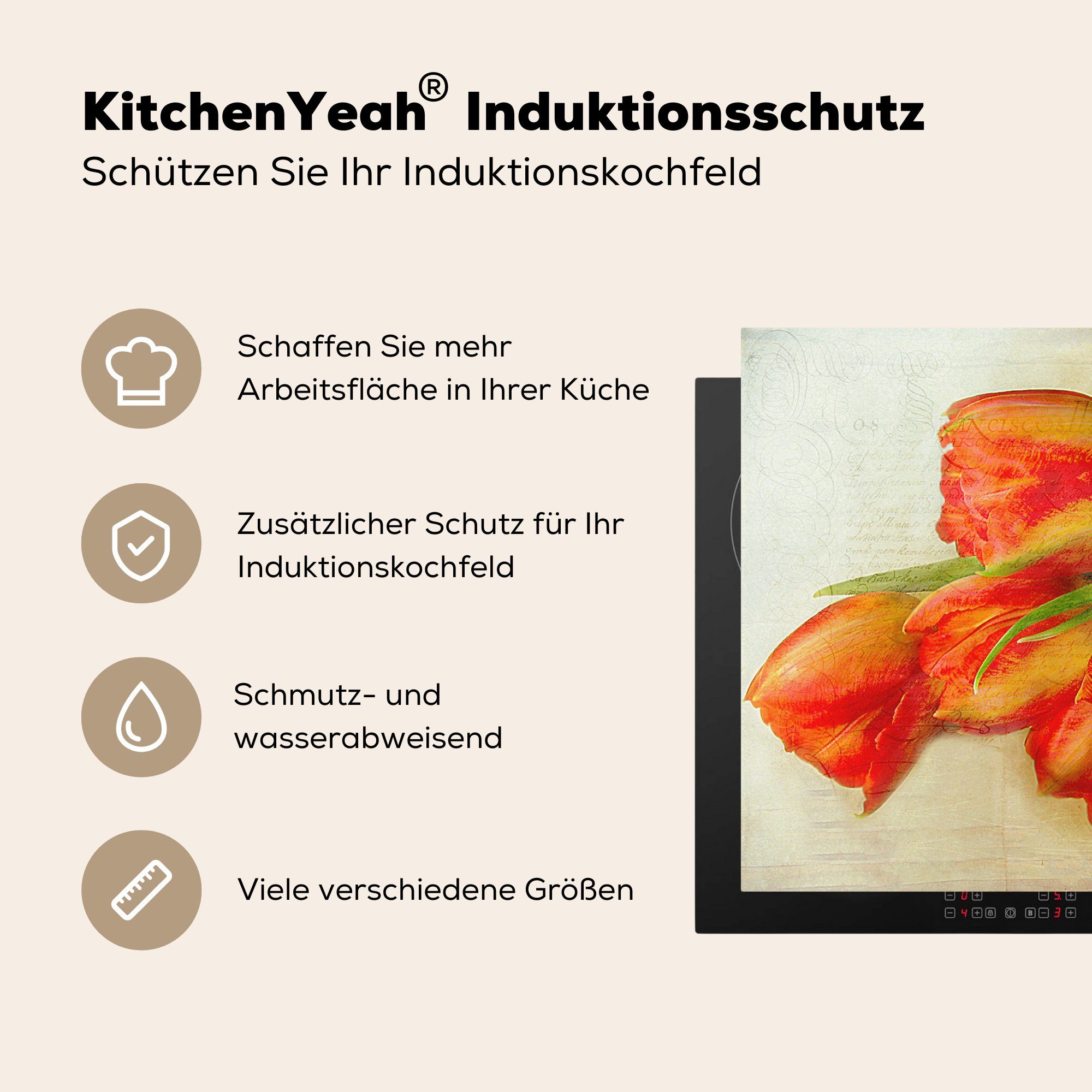Illustration auf Tulpen MuchoWow Arbeitsfläche Vinyl, Ceranfeldabdeckung orangefarbenen cm, einem Eine nutzbar, (1 hellen, 70x52 tlg), von Herdblende-/Abdeckplatte Mobile