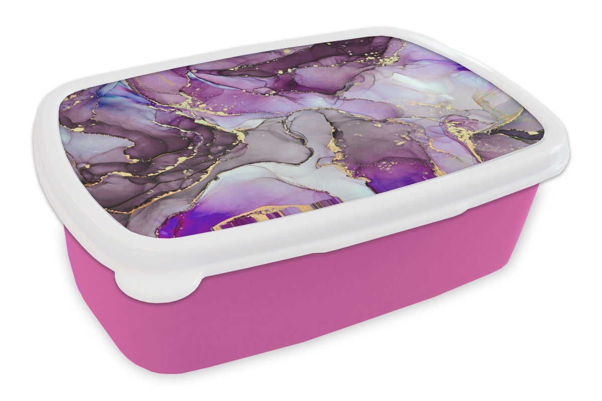 MuchoWow Lunchbox Marmor - Rosa - Lila - Gold, Kunststoff, (2-tlg), Brotbox für Erwachsene, Brotdose Kinder, Snackbox, Mädchen, Kunststoff