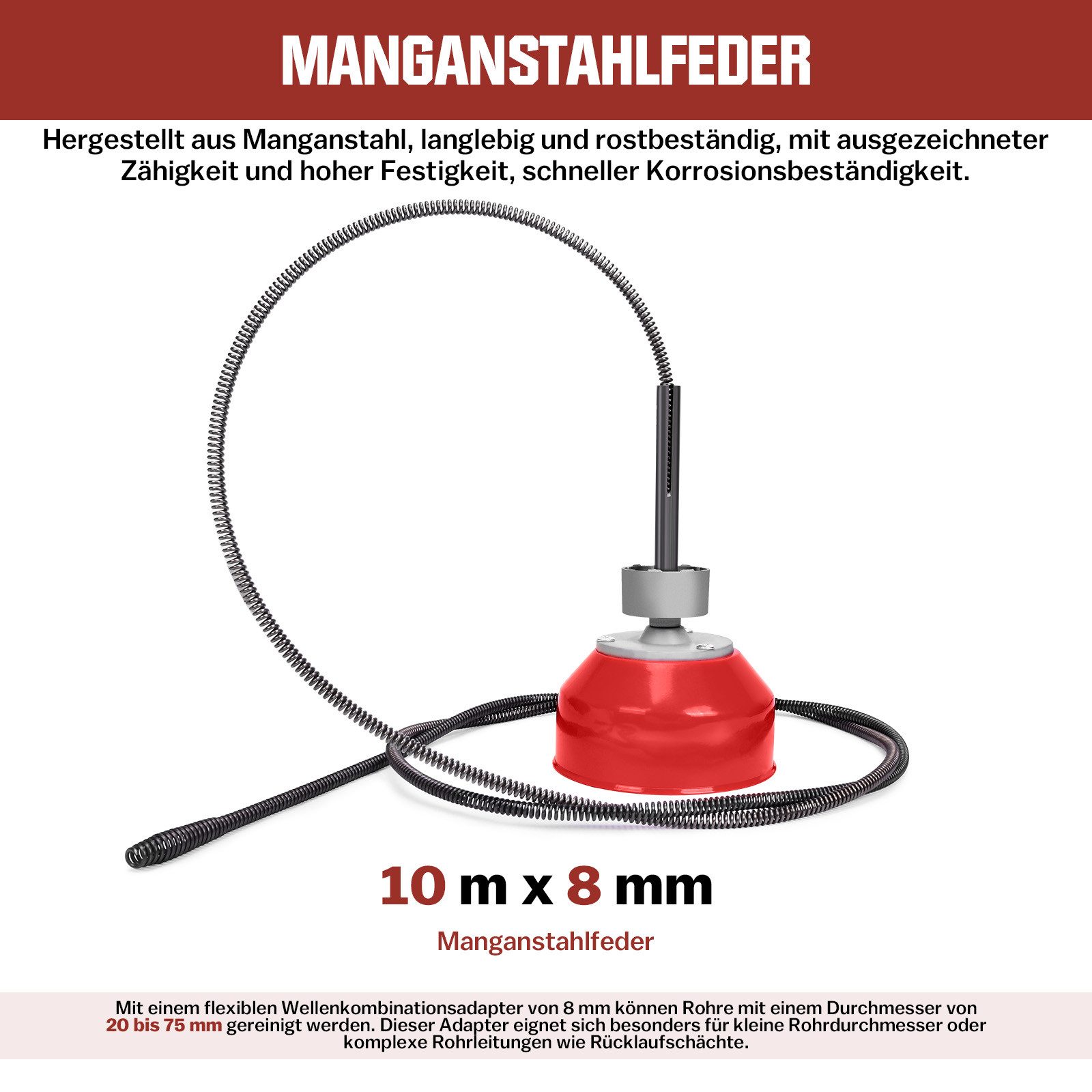 XERSEK Rohrreinigungsspirale Elektrische Rohrreinigungsmaschine Rohrleitungen Rohrreiniger Ø2-10cm, L: 14500 cm, ∅ 16,00 mm, Rohrreinigungsspirale Ø8mm 10M, 16m – Bild 4 von 5