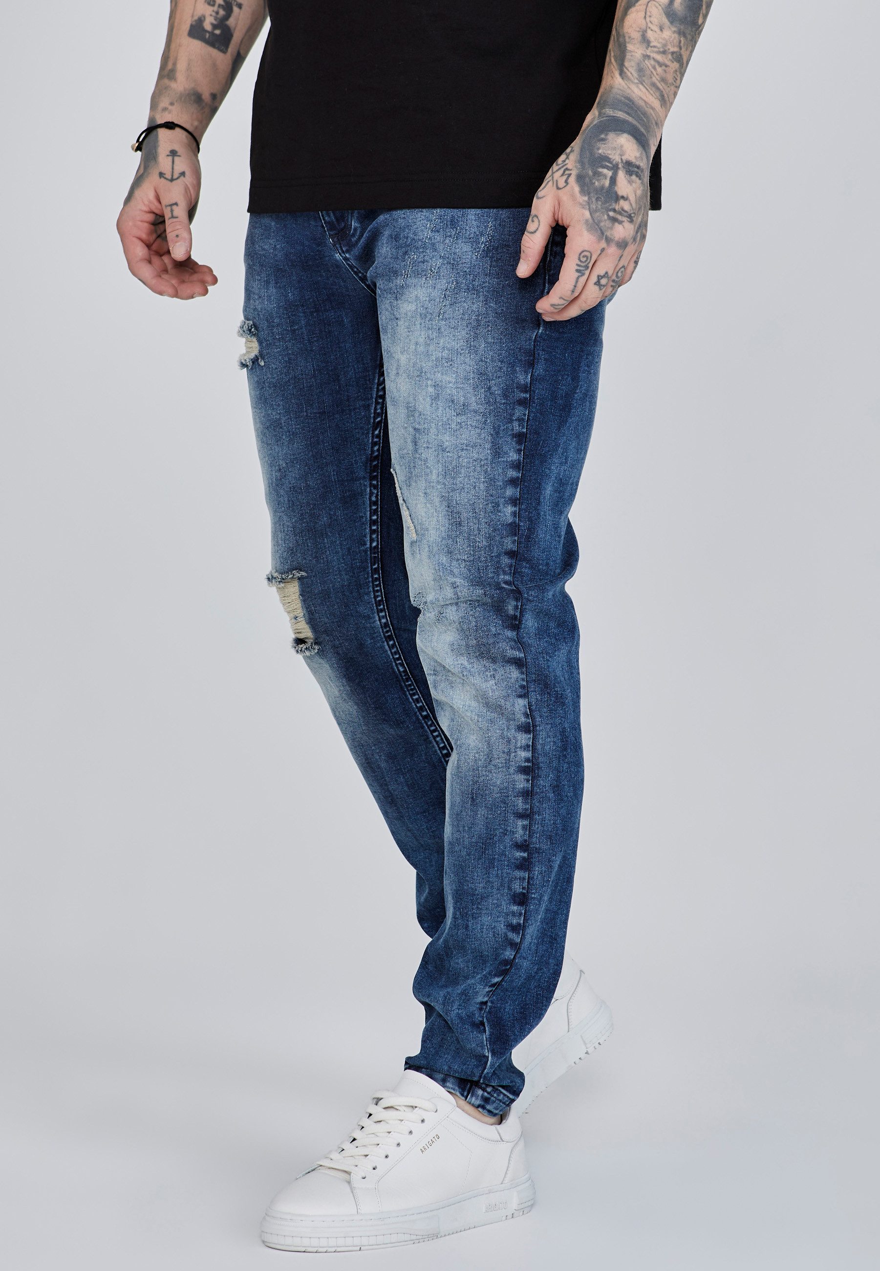 Siksilk Slim-fit-Jeans SikSilk Herren Blaues Distressed Slim Fit