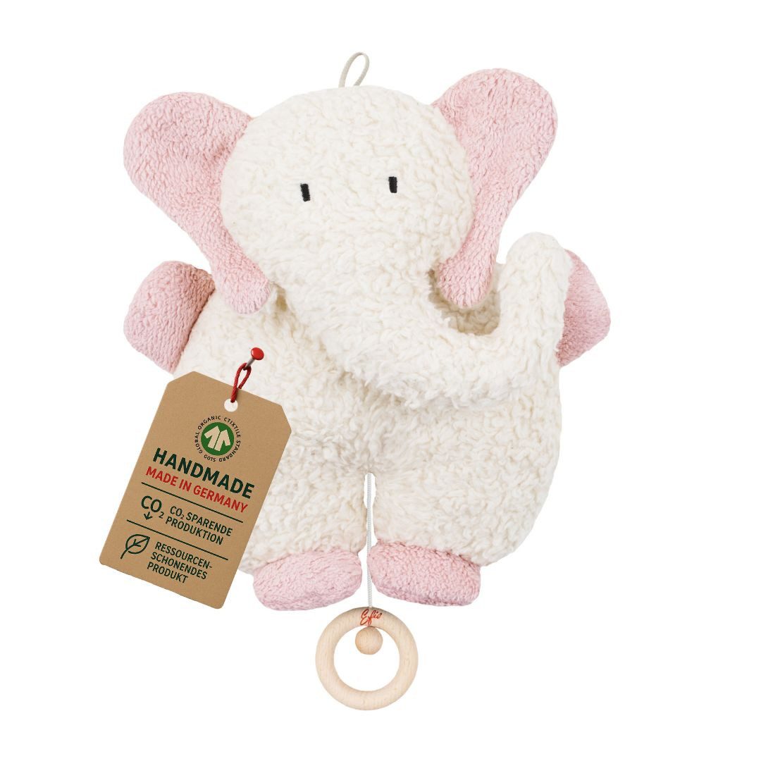 EFIE Spieluhr Elefant rosa, Bio-Baumwolle & Schafwolle, ca. 27 cm