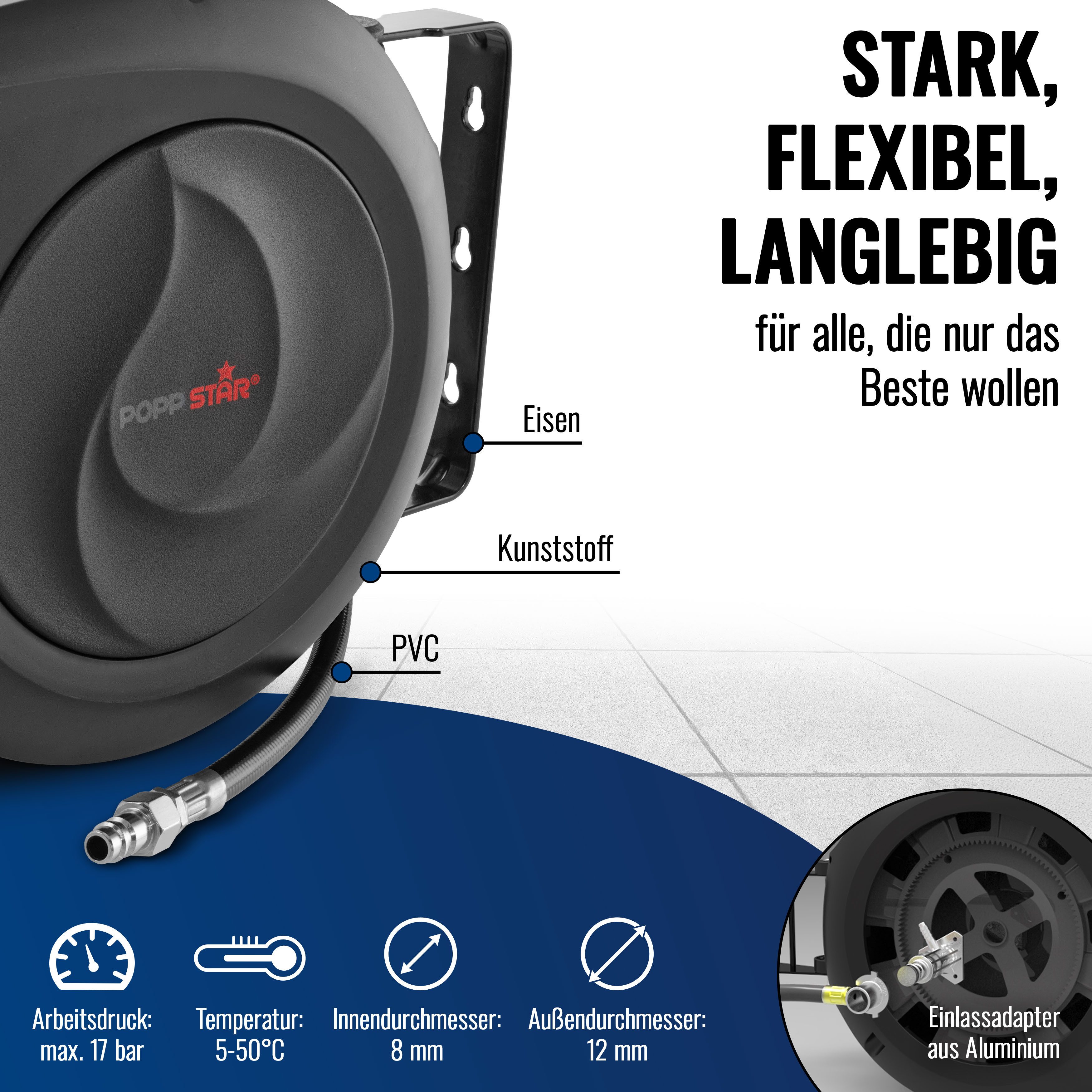 Poppstar Schlauchtrommel, (Premium Druckluft Schlauchaufroller), Automatik Druckluft Schlauchtrommel mit 10m Druckluftschlauch