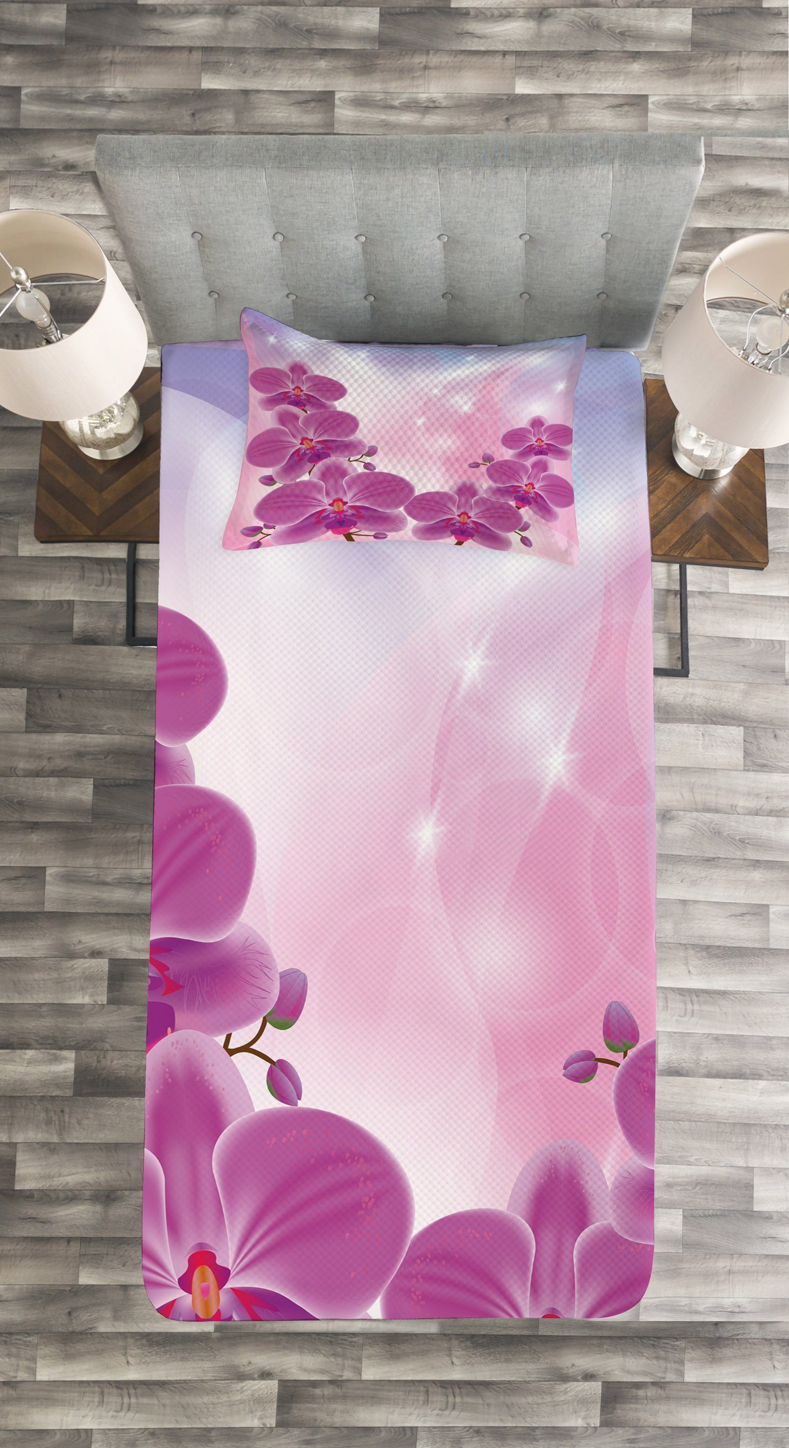 Tagesdecke Waschbar, Set Exotische Blumen Kissenbezügen Abakuhaus, mit Orchideen-Blumen