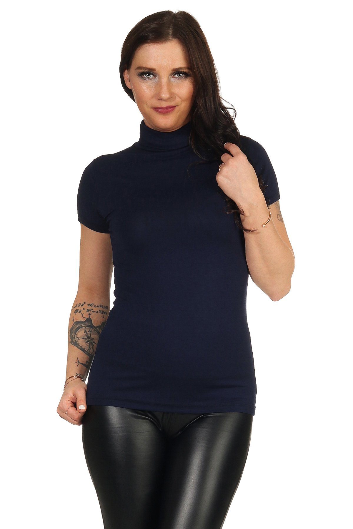 Damen Rollkragen Shirt Marineblau Kurzarm Rollkragenshirt Mellice