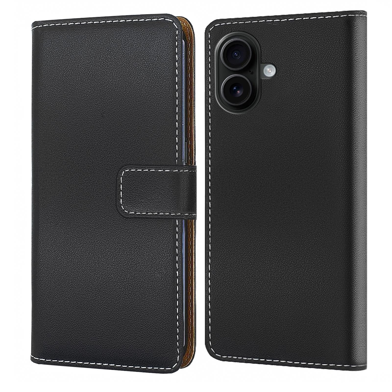 Numerva Handyhülle Bookstyle Etui Handytasche für Apple iPhone 16, Schutzhülle Klapphülle Flip Cover Schwarz