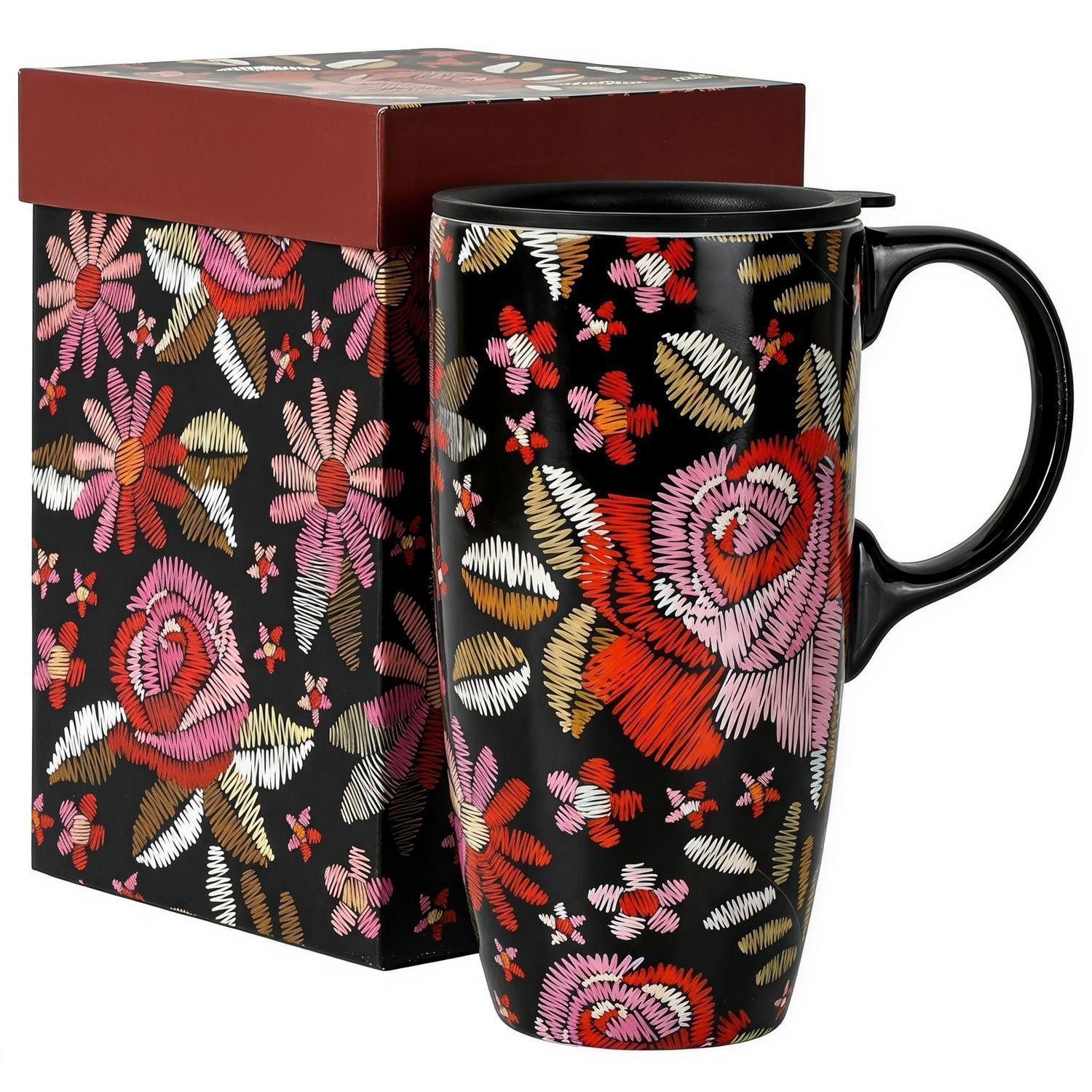 LuxusKollektion Coffee-to-go-Becher Keramik-Reisebecher Rosenmotiv Rot 500ml, Keramik