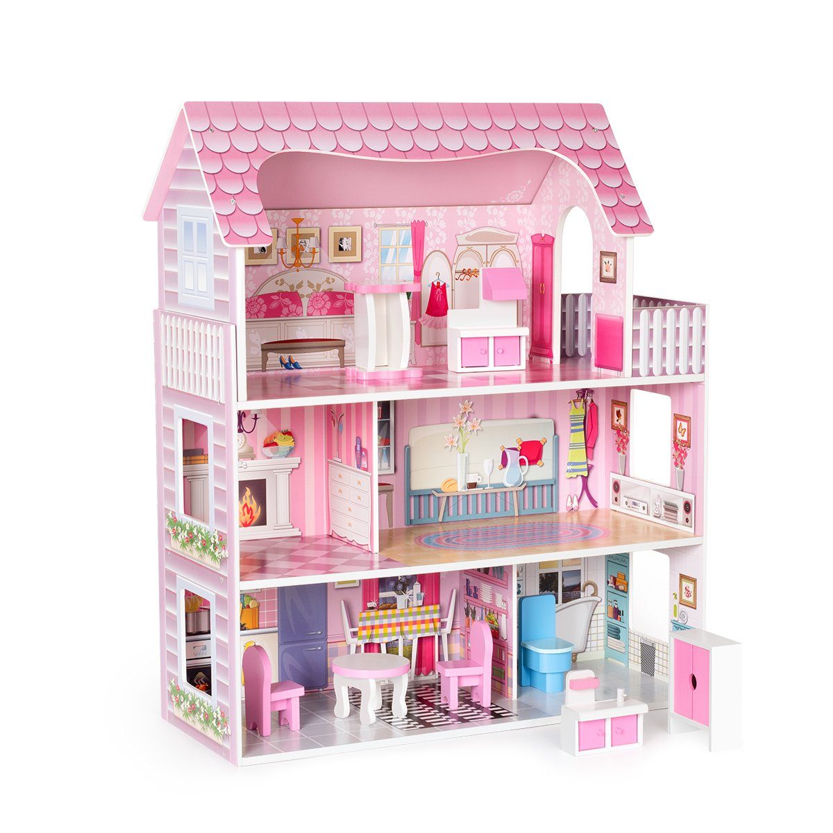 DOTMALL Puppenhaus Rosafarbenes Puppenhaus-Spielset aus Holz mit Möbeln und Zubehör