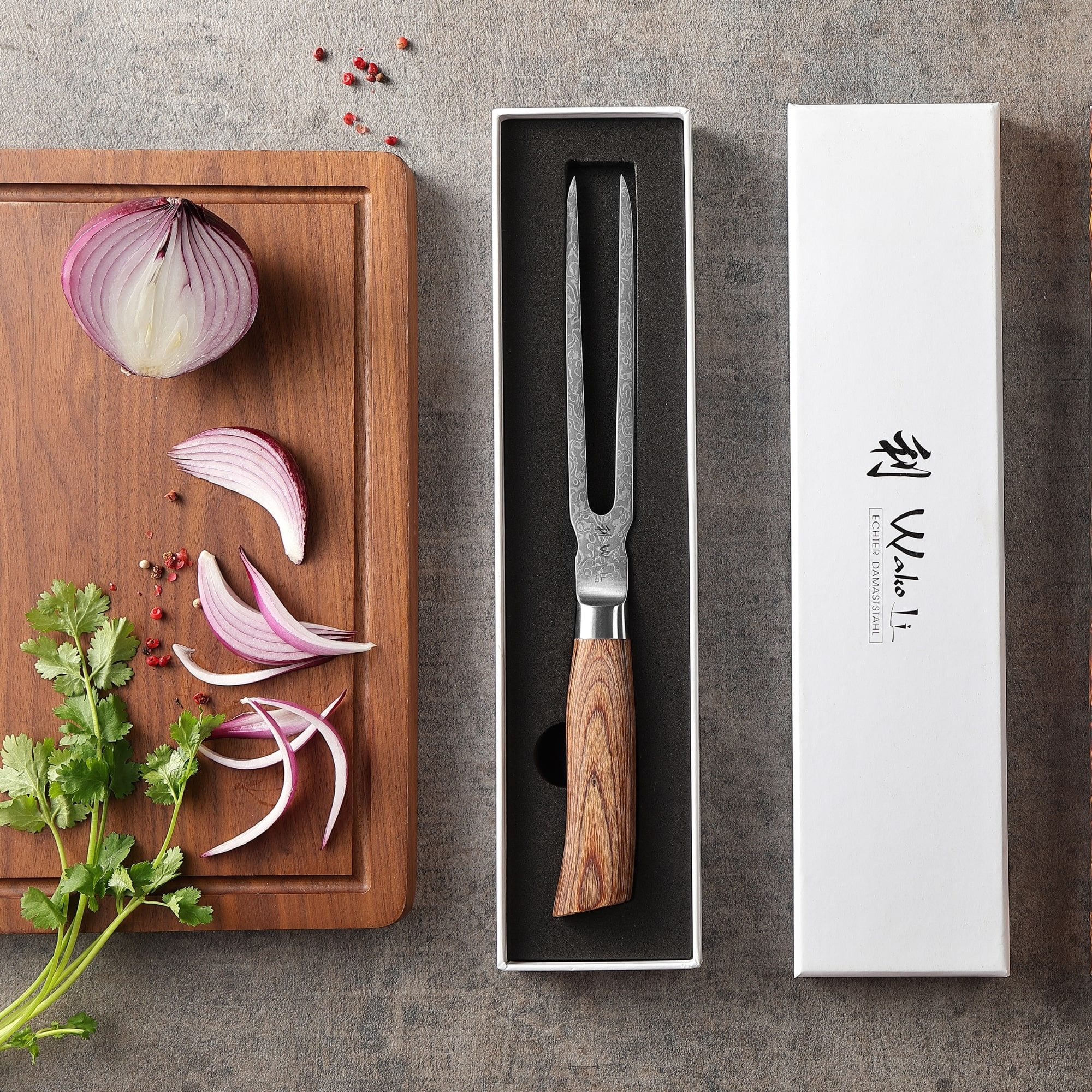 Wakoli Tranchiergabel Edib Pro Damast Tranchiergabel I Serviergabel Grillgabel I 18cm Klinge, 67 Lagen Damaststahl, VG-10 Stahlkern