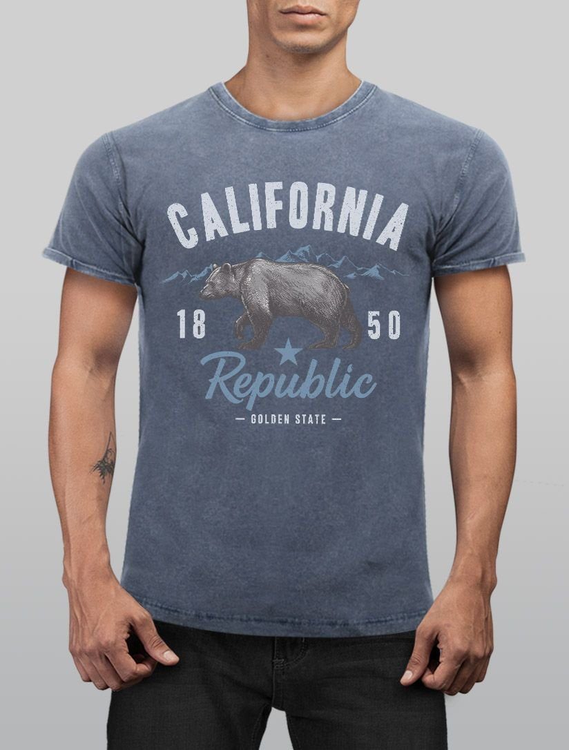 State Shirt Golden Summer California Bär USA Sommer Aufdruck Herren Used Neverless® Look T-Shirt Neverless Vintage Print-Shirt mit Bear blau Print Printshirt