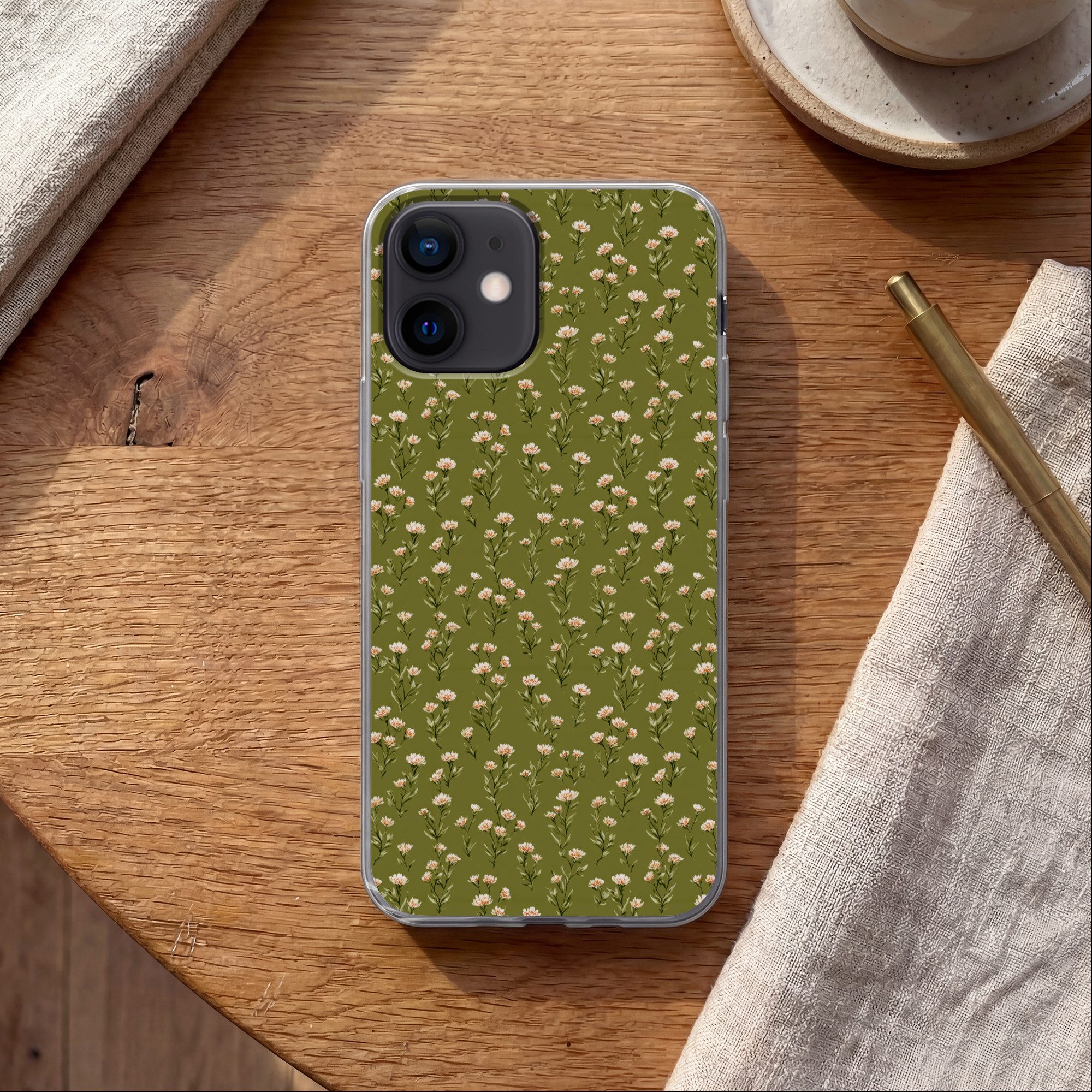 MuchoWow Handyhülle für Apple iPhone 12 Mini Rustikal - Blumen - Grün, Smartphone-Bumper, Print, Handy Schutzhülle Dünn