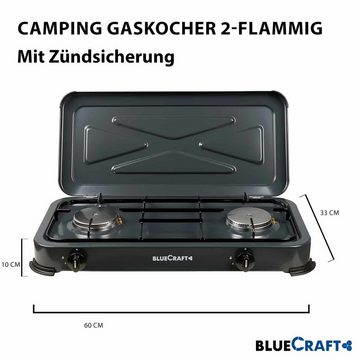 BlueCraft Gaskocher, (Gas-Kochfeld 2 flammen Propangas mit Schlauch Druckminderer Manometer), Campingkocher 2-flammig mit Zündsicherung Gasregler Manometer