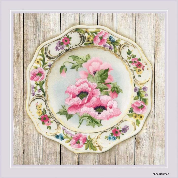 Riolis Kreativset Riolis Plattstich Set "Teller mit rosa Mohnblumen" Stickbild gedruckt (embroidery kit)