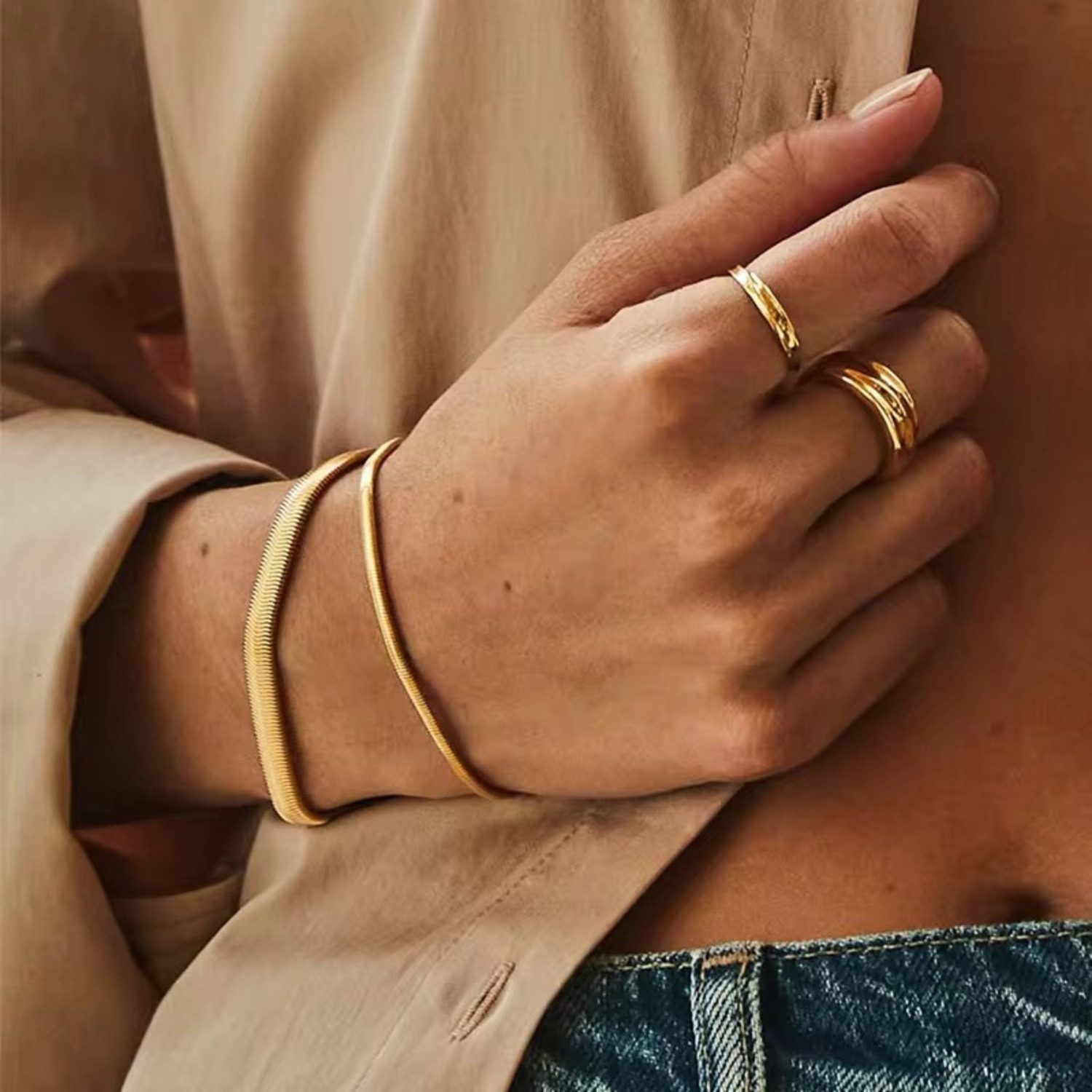 Valentinstagsgeschenk ROUGEMONT Armband Modisches Schlangen Armband 18cm Wasserfest 5mm 7mm, Hypoallergen, goldfarben, 5mm 18cm