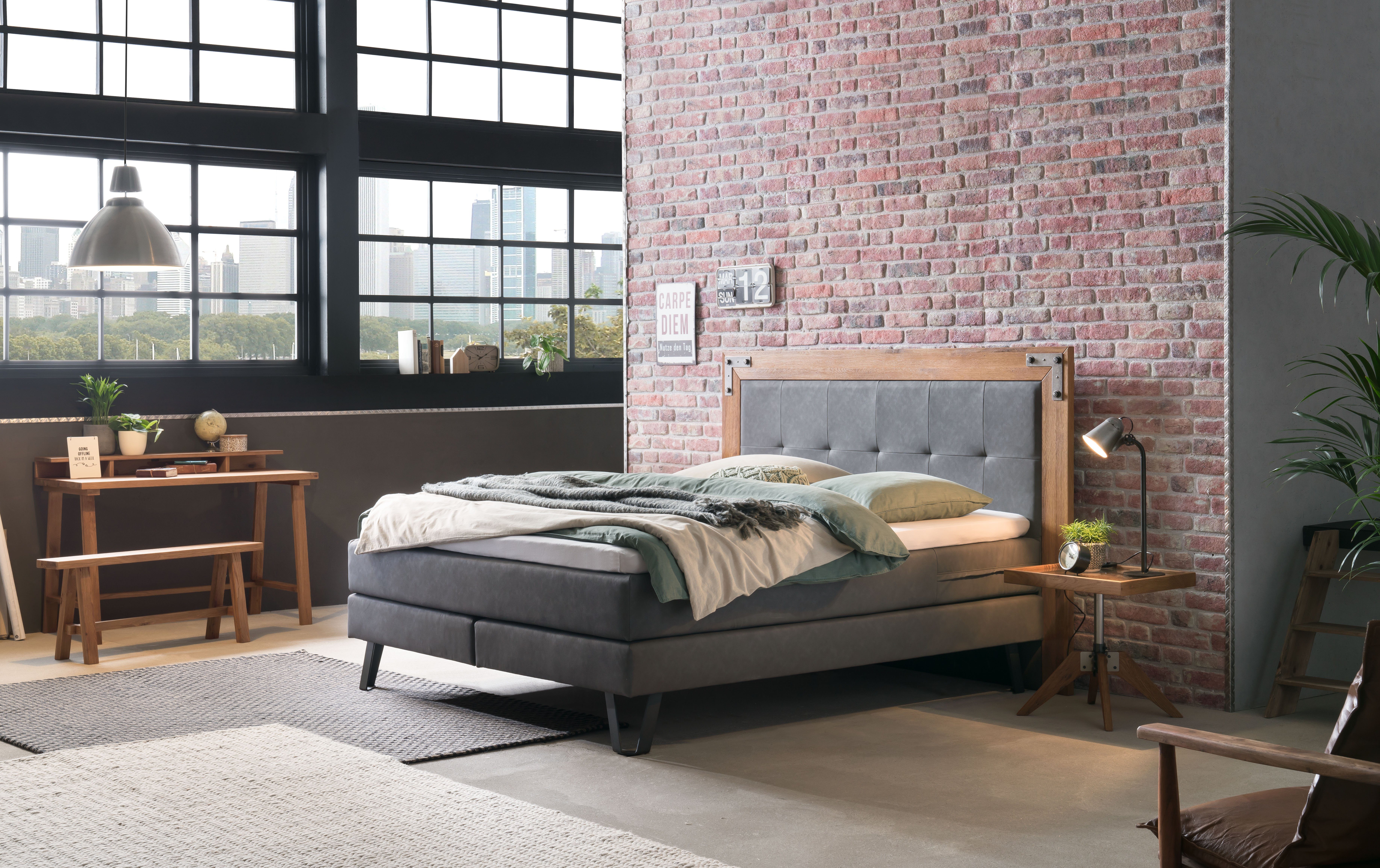 HASENA Boxspringbett Oakland, Boxspringbett, Industrial Look, Kopfteil aus Wildeiche, Used-Look