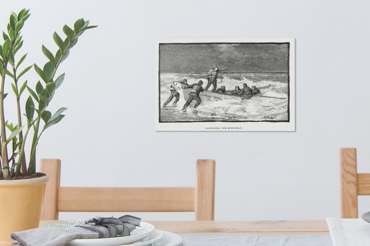 OneMillionCanvasses® Leinwandbild Leinwandbilder, in Schwarz-Weiß-Illustration cm und 30x20 St), ein von (1 Menschen Aufhängefertig, Wandbild um Boot, Wanddeko