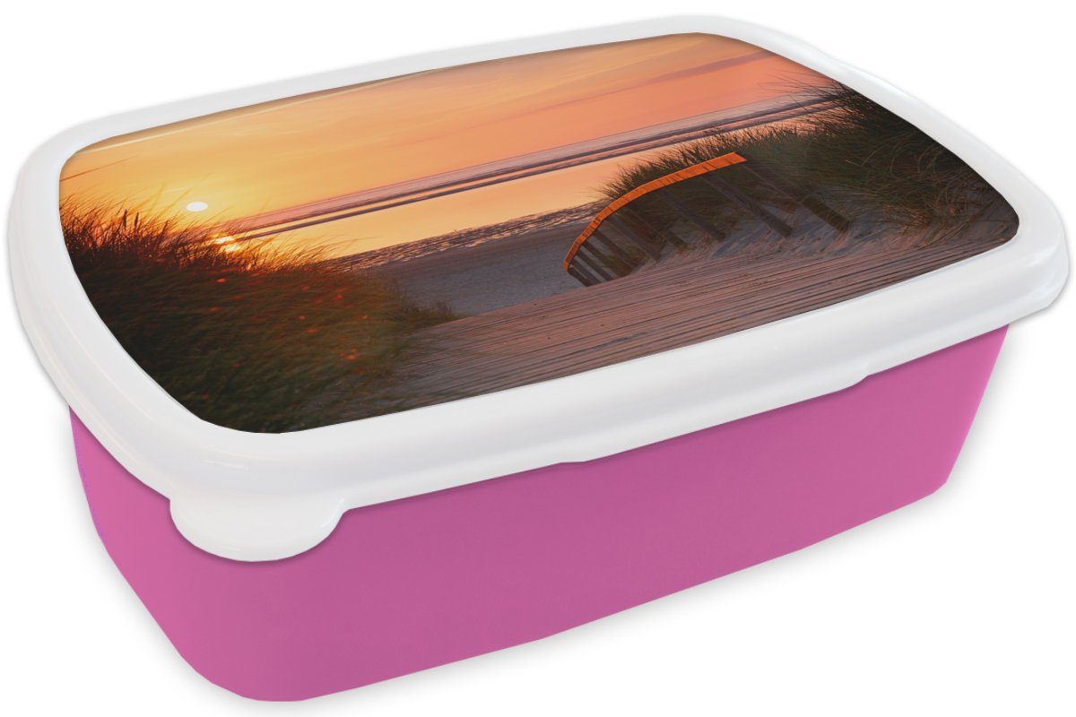 Brotdose Erwachsene, für Brotbox rosa Sonne Mädchen, Kunststoff Farben, Strand - Snackbox, Kinder, MuchoWow (2-tlg), - Kunststoff, Lunchbox