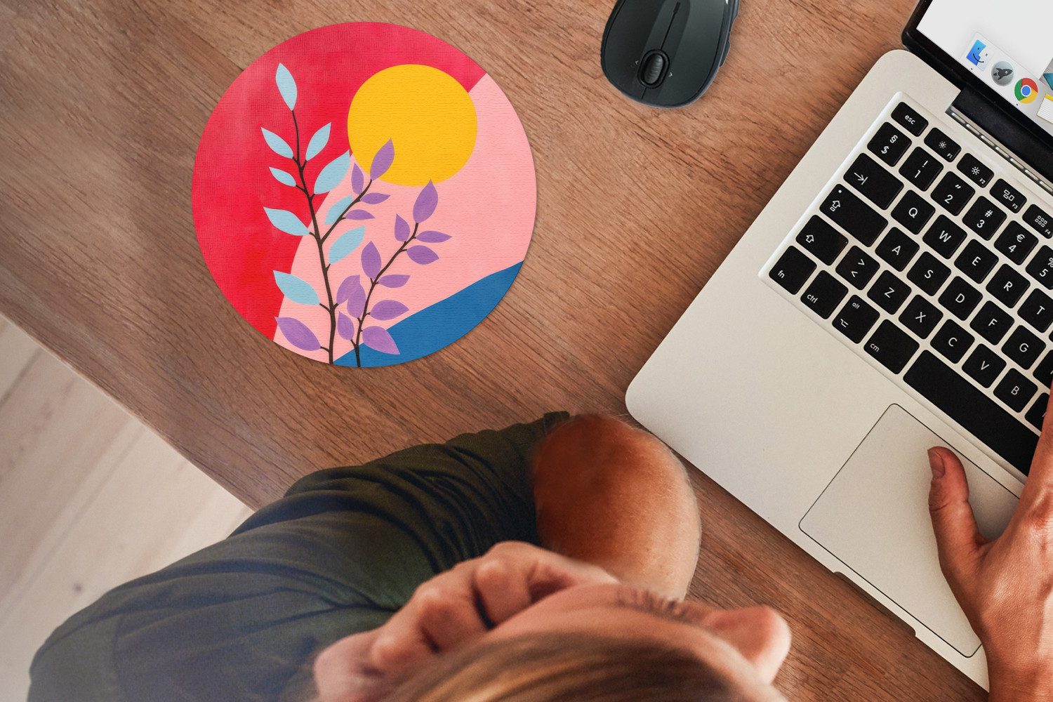 MuchoWow Mauspad Blätter - Sonne - Abstrakte Formen (1-St), Büro für Tastatur und Maus, Mousepad Gaming, Rund 20x20 cm